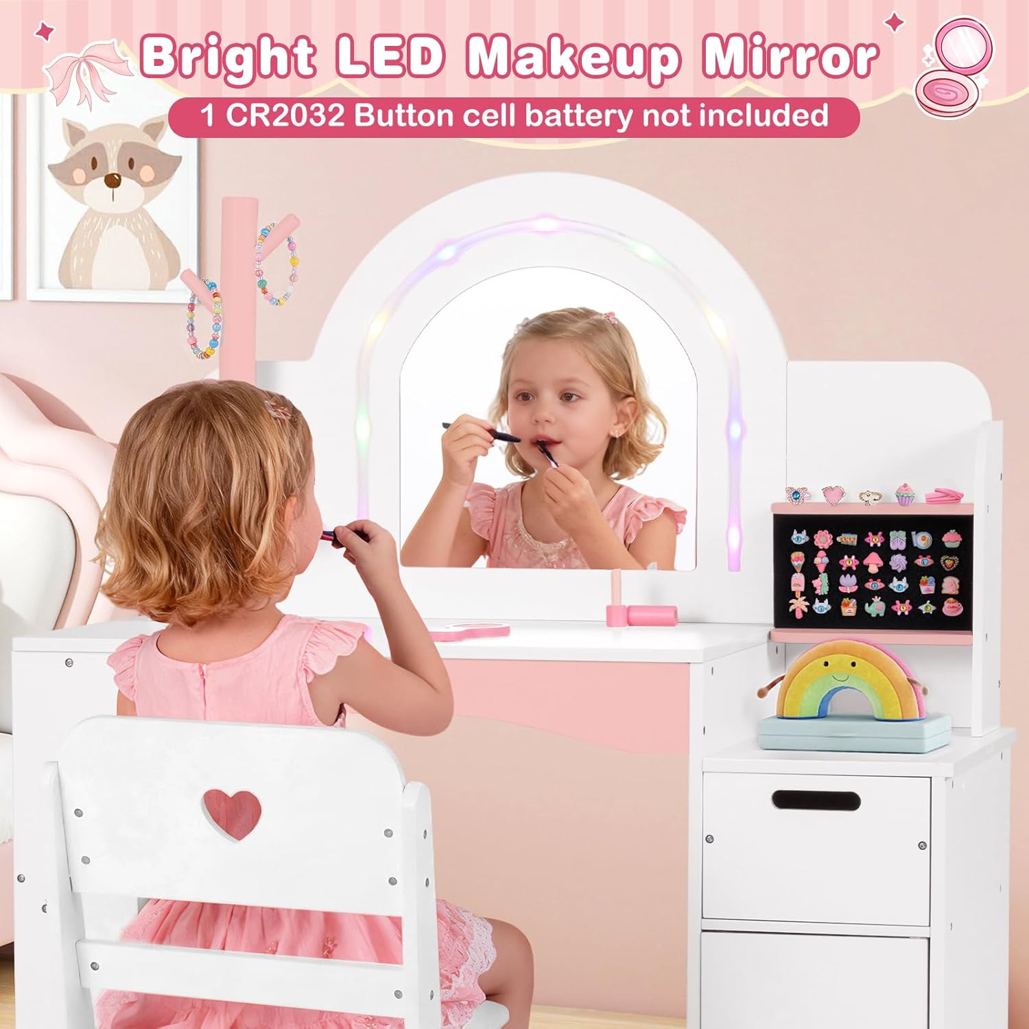 INFANS Kids Vanity with Lights, Princess Makeup Desk with Mirror, Jewelry Hanger, Fabric Drawers, Toddler Table and Chair Set Pretend Play for Girls