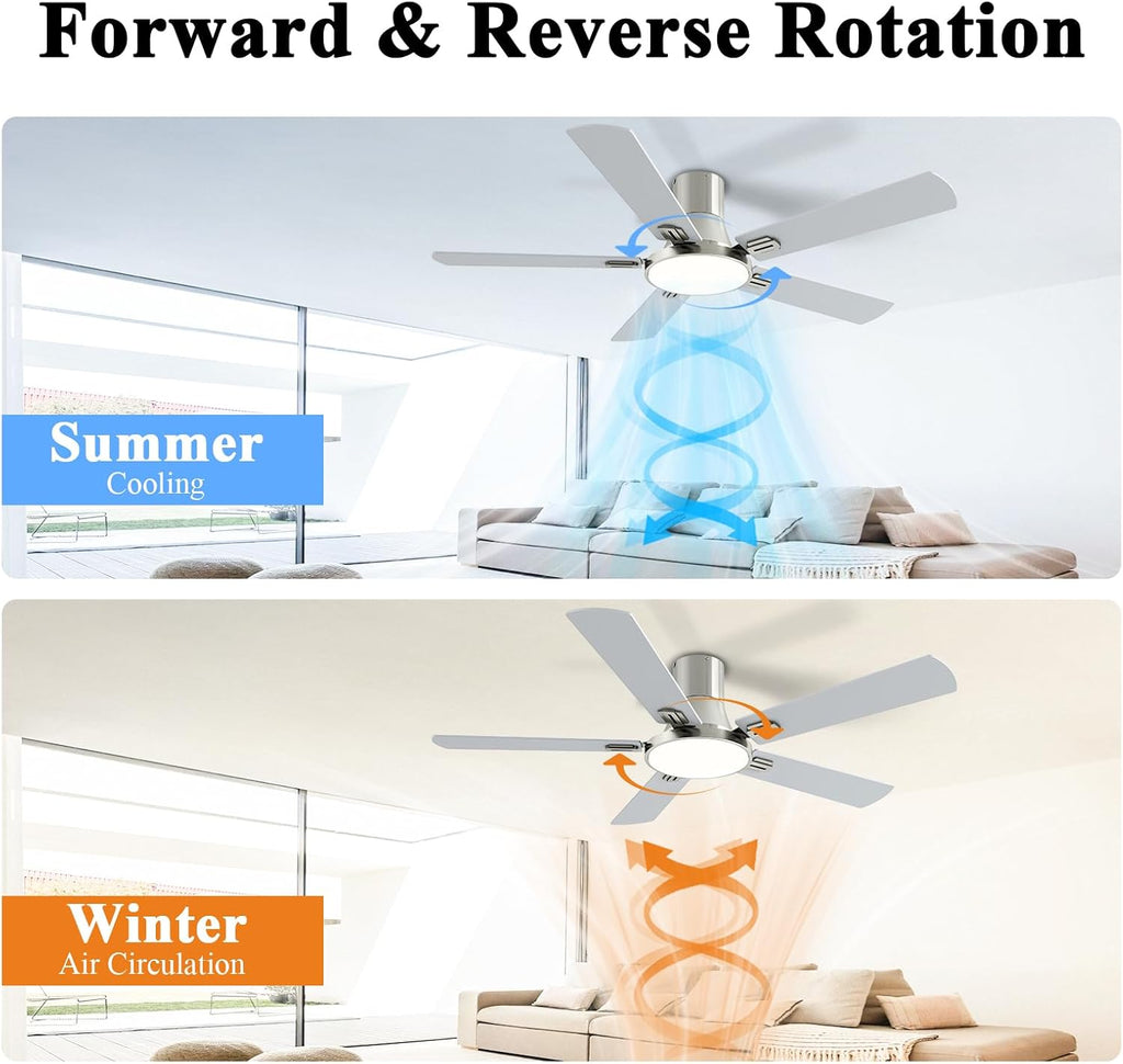 SNJ 52 Inch Brushed Nickel Ceiling Fans with Lights and Remote,Flush Mount Low Profile 5 Blades Ceiling Fan,Dimmable Quiet Reversible DC Motor for,Living Room,Bedroom and Patio
