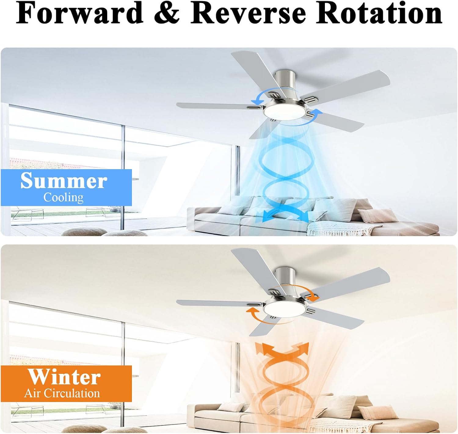 SNJ 52 Inch Brushed Nickel Ceiling Fans with Lights and Remote,Flush Mount Low Profile 5 Blades Ceiling Fan,Dimmable Quiet Reversible DC Motor for,Living Room,Bedroom and Patio