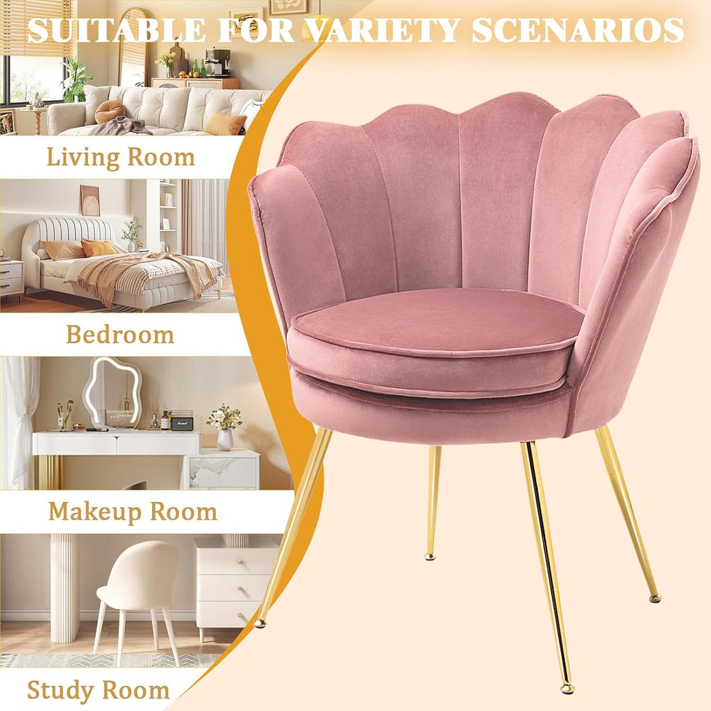 Czlolo Accent Chairs Set of 2 for Living Room, Velvet Upholstered Makeup Room Vanity Chair with Back, Golden Metal Legs Small Accent Side Chair for Bedroom, Cloud Chair Set, 2 Pcs Pink