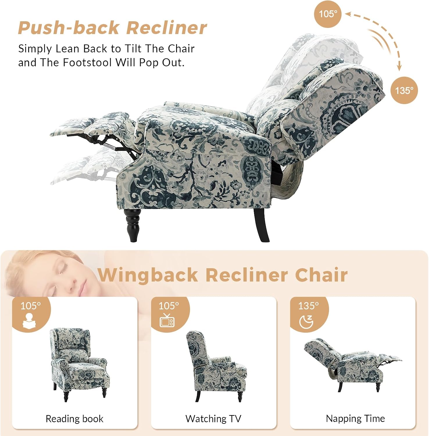 HULALA HOME Upholstered Wingback Recliner Chair, Small Adjustable Footrest Push Back Single Reclining Sofa, Mid Century Modern Lounge Armchair for Living Room, Bedroom, Reading/Floral