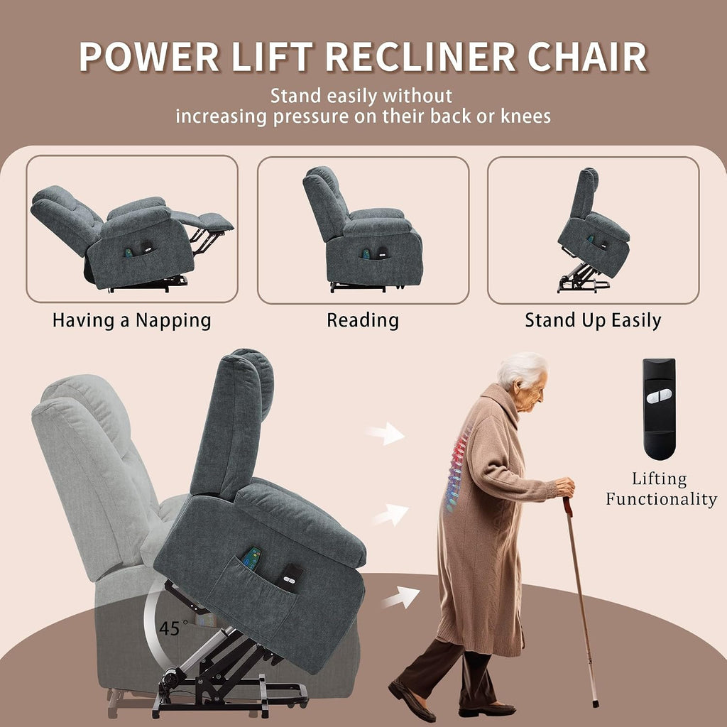 Korser Oversized Power Lift Recliner for Elderly, Electric Recliner Chairs with Massage and Heat, Extra Wide Recliner with Side Pockets, Reclining Chair for Living Room (Cashmere, Grey)