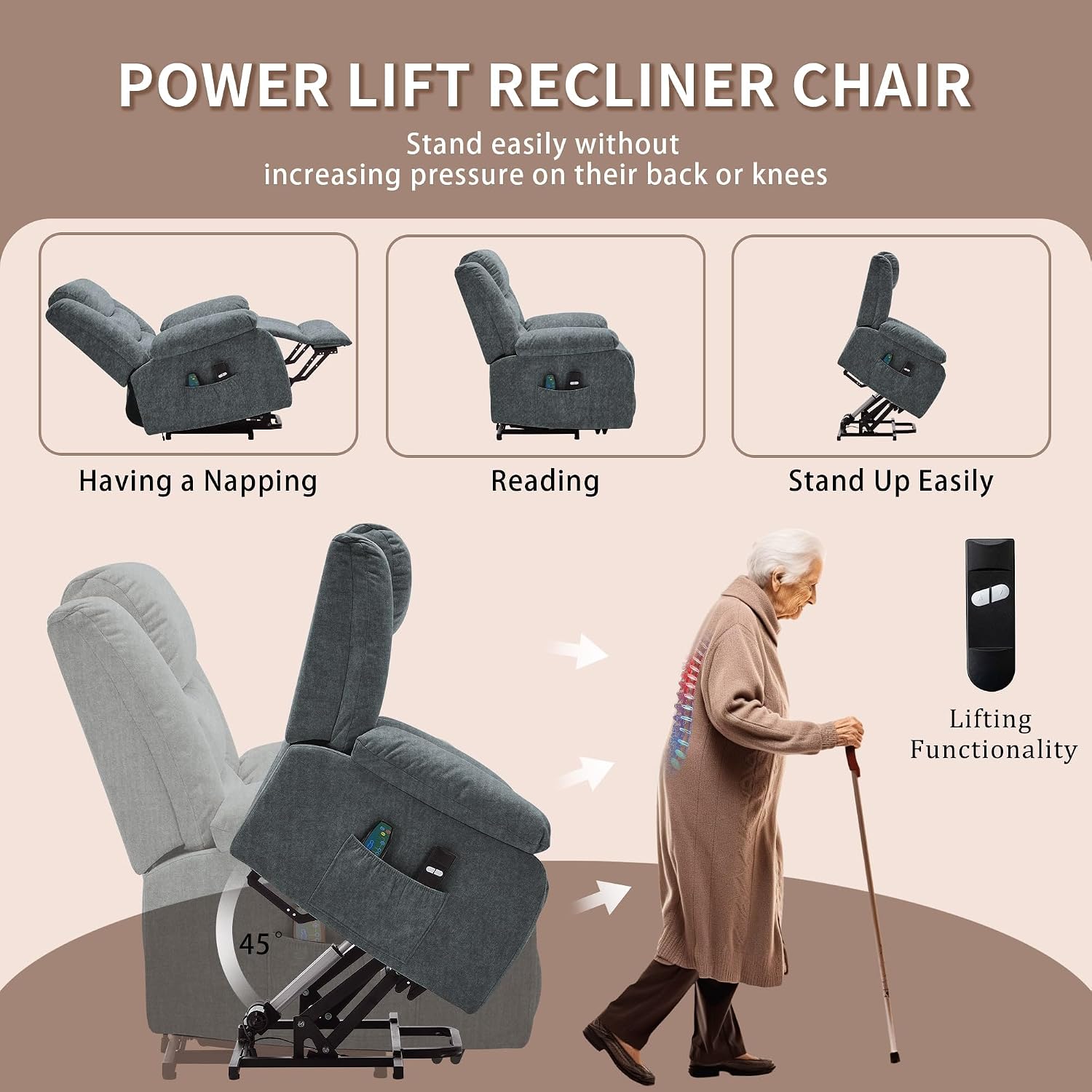 Korser Oversized Power Lift Recliner for Elderly, Electric Recliner Chairs with Massage and Heat, Extra Wide Recliner with Side Pockets, Reclining Chair for Living Room (Cashmere, Grey)