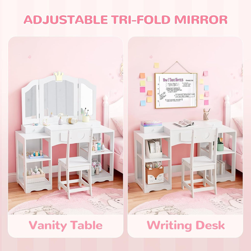 JOYMOR Kids Vanity Table and Chair Set with Tri-Fold Mirror, Extra-Wide Kids Vanity Set, Princess Dressing Table with Stool for Girls Ages 3-8 (White)