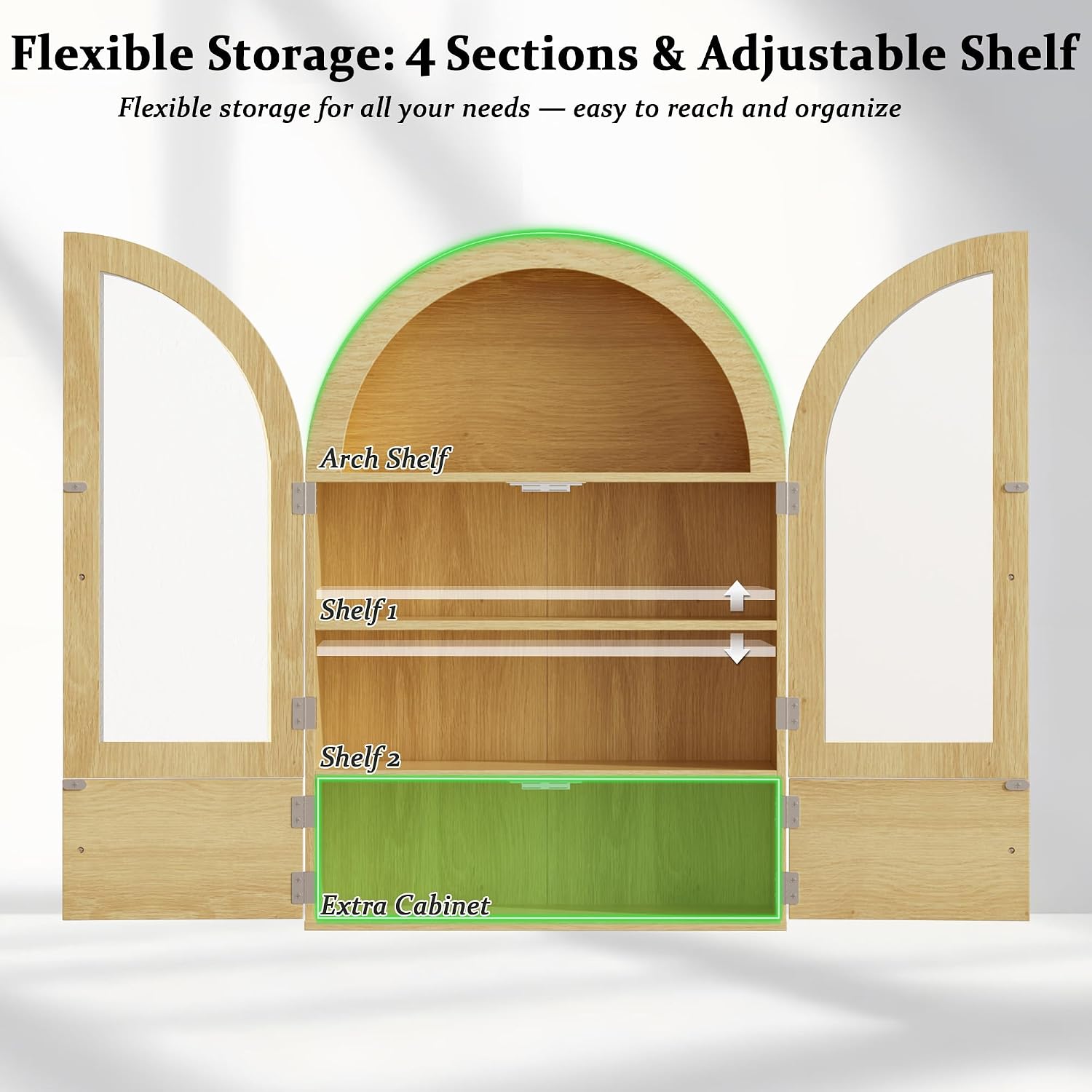 BREEZEHEAT Arched Medicine Cabinet Wall Mounted, Arched Bathroom Wall Cabinet with Glass Doors, Adjustable Shelf, Wall Over Toilet Cabinet for Bathroom, Kitchen, Laundry Room, Natural Oak