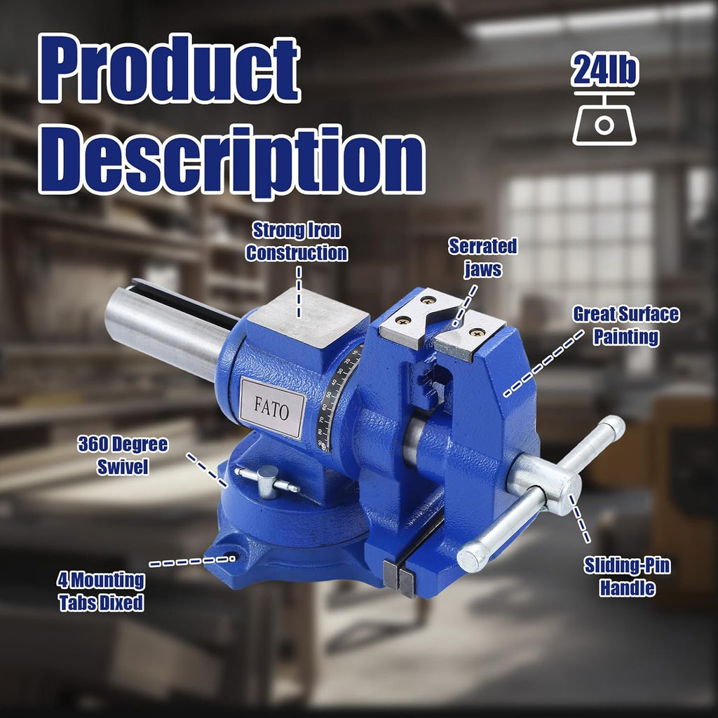 FATO 5 Inch Bench Vise Heavy Duty – Ductile Iron Workbench Vise with 360° Swivel Base & Anvil, 8800 Lbs Clamping Force, 4.92' Jaw Width, 3.94' Opening, for Woodworking, Metalworking, Garage DIY, Blue