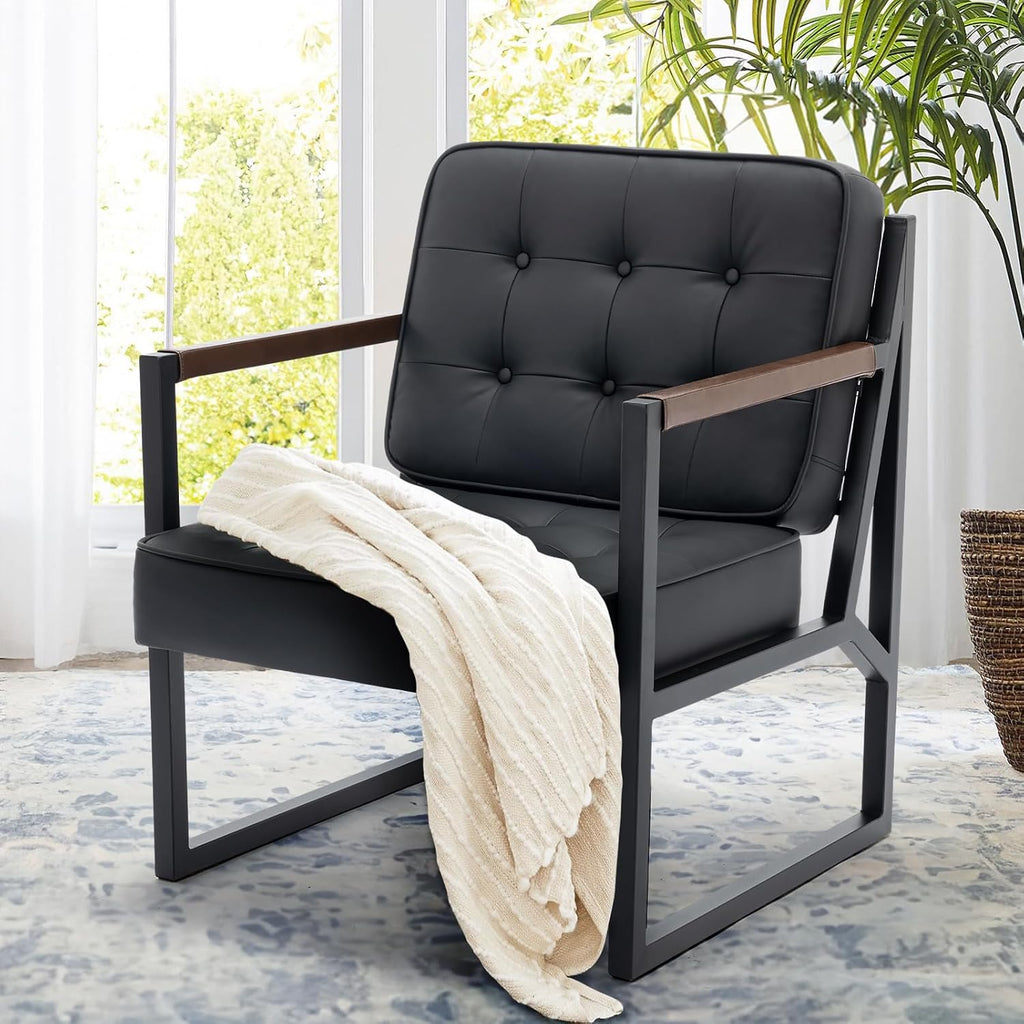 MALOL Black Leather Accent Chair, Accent Arm Chair for Living Room, Comfy Armchair with Metal Legs for Living Room Bedroom Reception Waiting Room