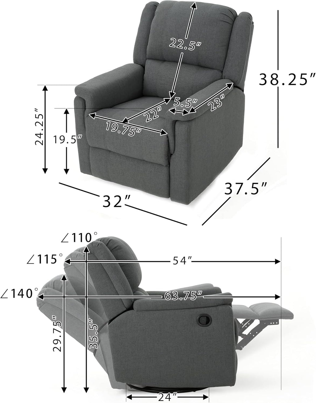 Merax Swivel Rocker Recliner Chair, Manual Reclining Sofa, Home Theater Seating for Living Room, Charcoal