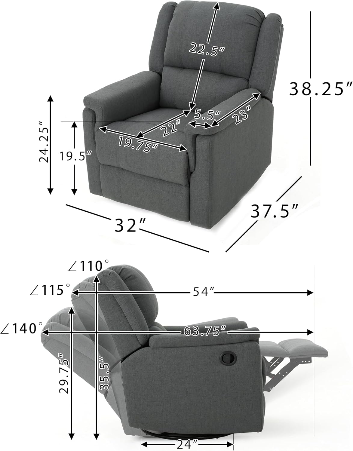Merax Swivel Rocker Recliner Chair, Manual Reclining Sofa, Home Theater Seating for Living Room, Charcoal