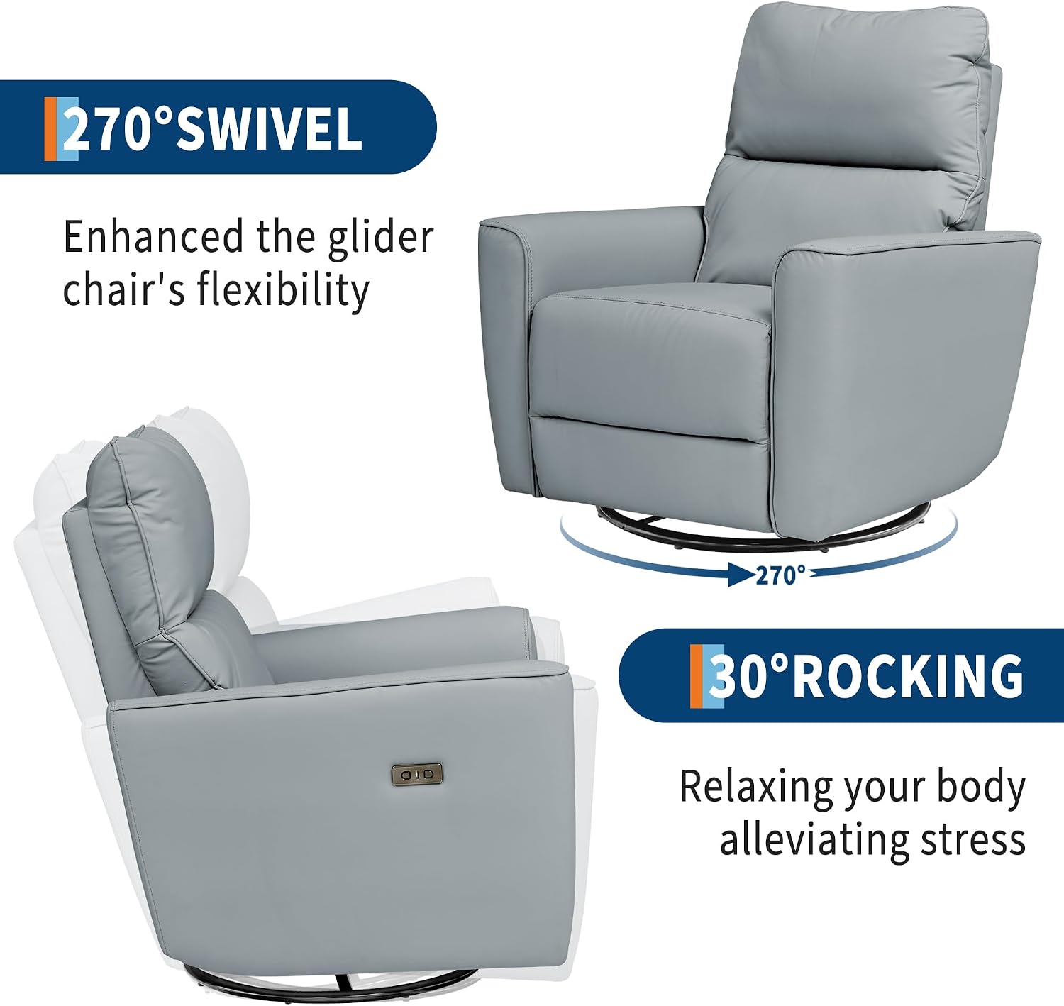 GarveeHome Power Recliner Chair, 270° Swivel Rocking Glider with USB Charging Port, PU Leather Upholstered Fabric, Ergonomic Modern Nursery Chair for Living Room, Bedroom, Nursery (Gray)