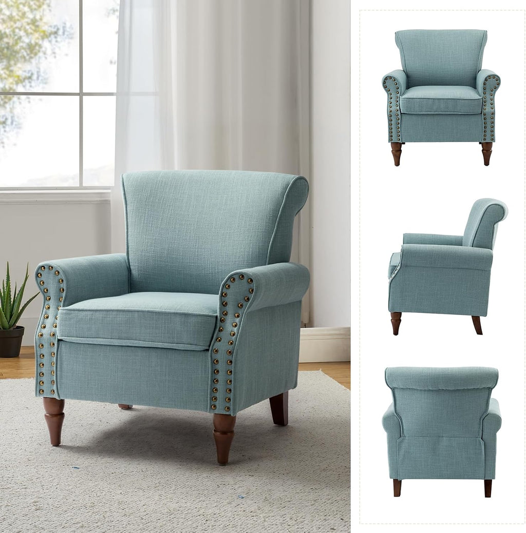 HULALA HOME Accent Chair with Wood Legs & Removable Cushion, Modern Wingback Armchair with Nailhead Trim, Comfy Upholstered Lounge Chair, Single Sofa Chairs for Living Room Bedroom Set of 2, Blue