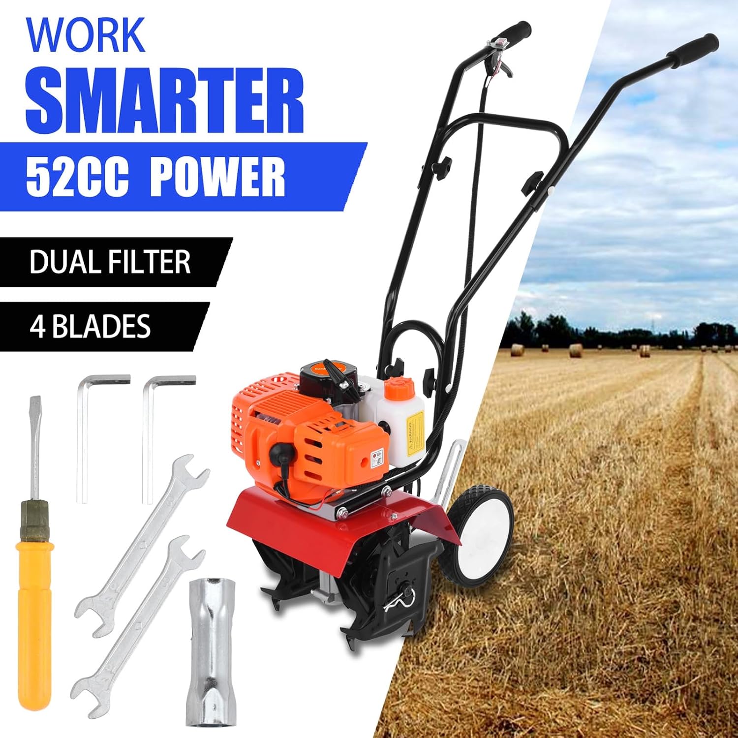 Garden Tiller,Gas Powered Rototiller 52cc 2 Stroke Tiller Cultivator Petrol Mini Mantis Tiller 7.8-Inch Width 6-Inch Depth Lawn Tools with 1.2L Fuel Tank for Soil Digging Weed Removal 9000RPM Orange