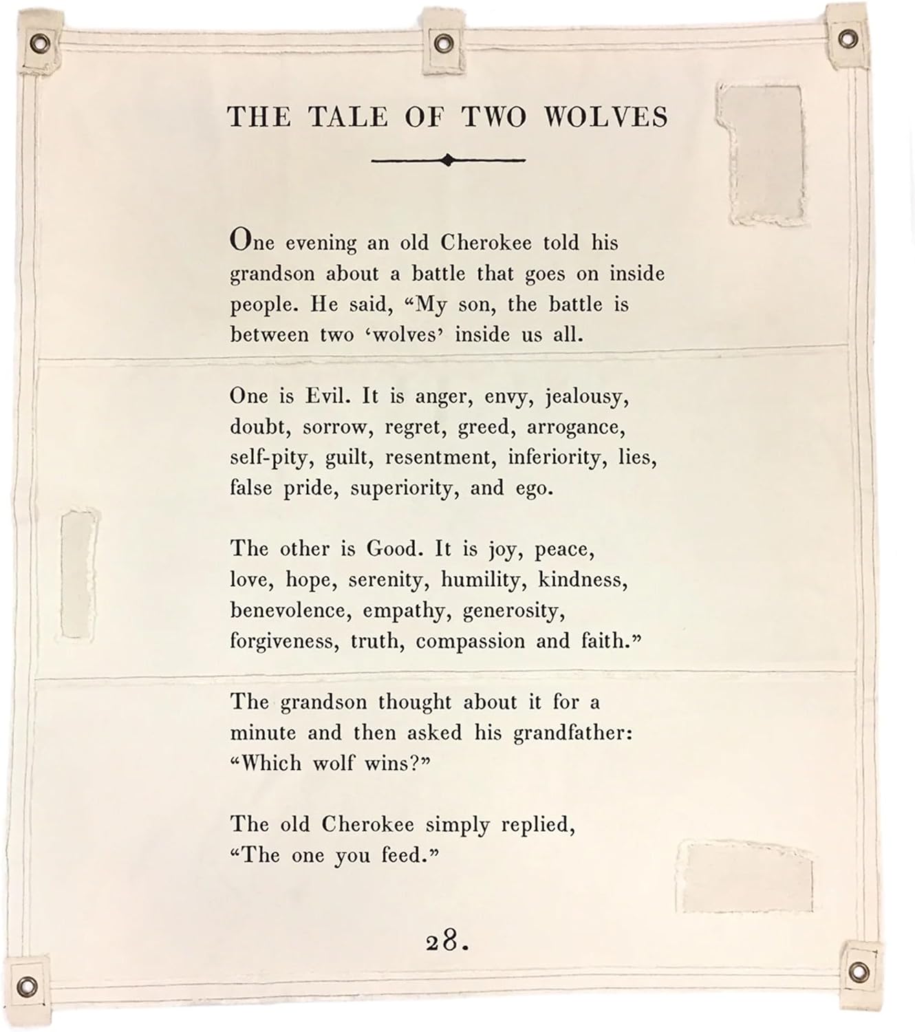 Sugarboo 'Tale Of Two Wolves' Handmade Canvas Wall Hanging Tapestry With Quote - 46 x 57 Inches - for Bedroom, Kitchen, and Living Space Décor