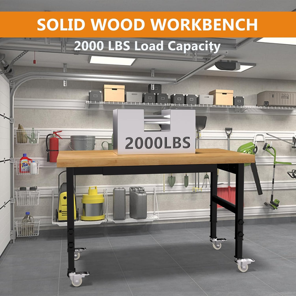 48' Heavy-Duty Solid Wood Work Bench with Drawers, Adjustable Height Workbench with Wheels, 2000 LBS Capacity Work Table with Power Outlets for Garage, Workshop(48' X 24')
