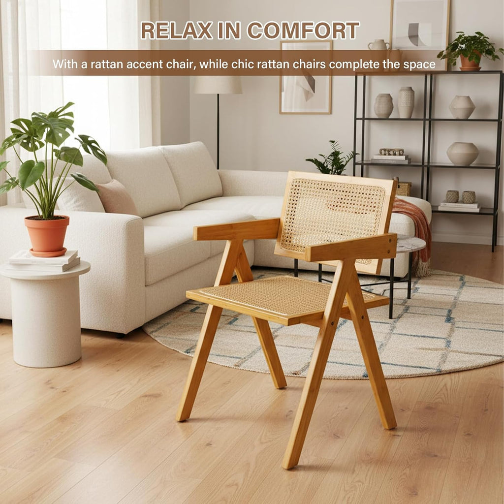 Furlide Rattan Dining Chairs Set of 2, Modern Mid Century Accent Chairs, Comfy Armchairs, Outdoor Rattan Chairs with Armrest for Bedroom Living Room Reading Room Dining Kitchen