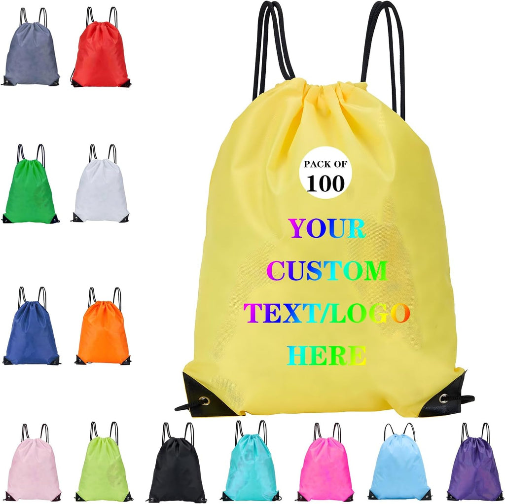 Custom Bags With Your Logo Set of 100 Custom Backpack Draw String Bags Pack Bulk for Travelling Swimming Gym Everyday Use (Yellow)