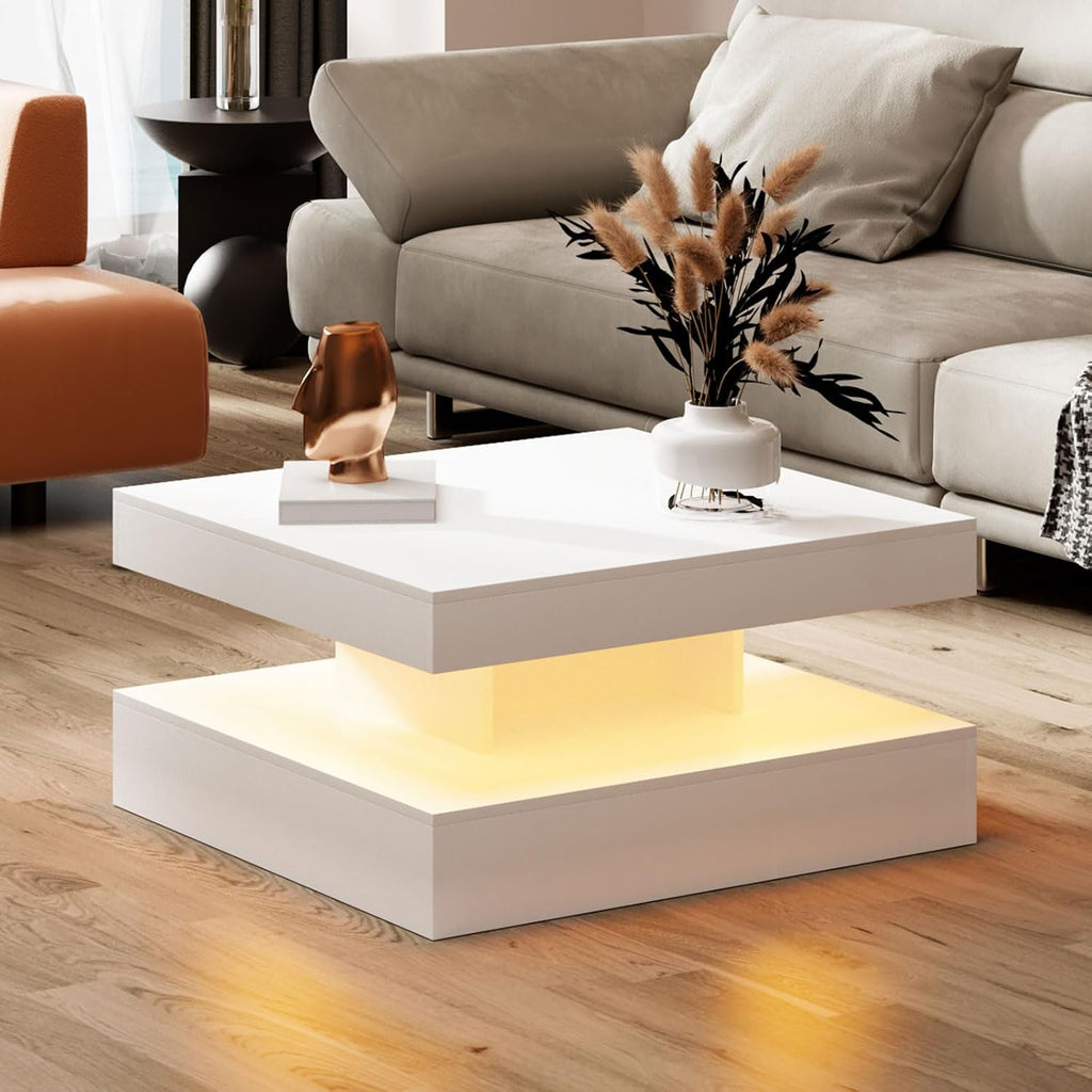 HedoAjim White LED Coffee Table for Living Room, Living Room Table 2-Tier Square Middle Center Table, Modern Coffee Tables with Storage, Wood Tea Tables for Dining Reception, Skin Feeling