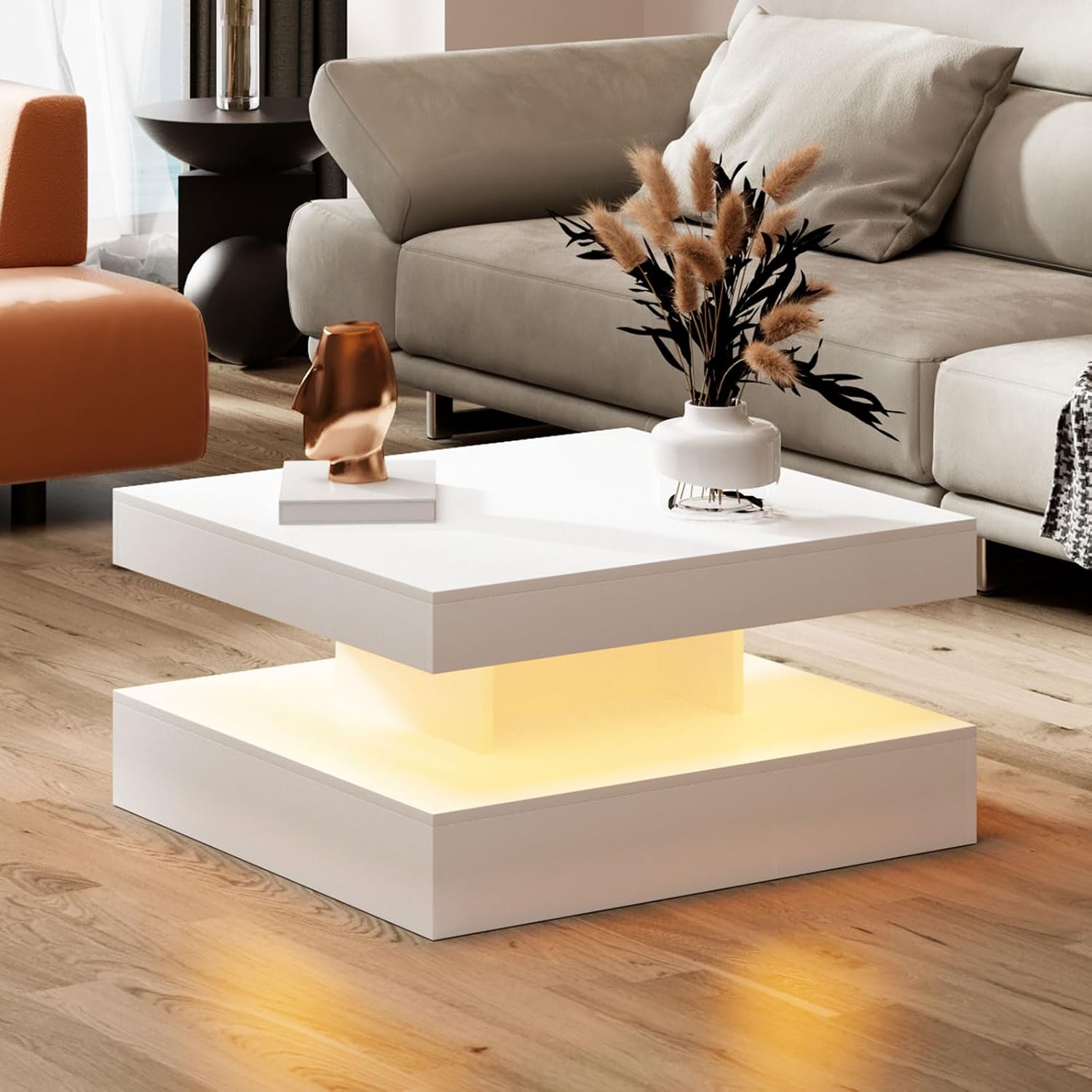 HedoAjim White LED Coffee Table for Living Room, Living Room Table 2-Tier Square Middle Center Table, Modern Coffee Tables with Storage, Wood Tea Tables for Dining Reception, Skin Feeling
