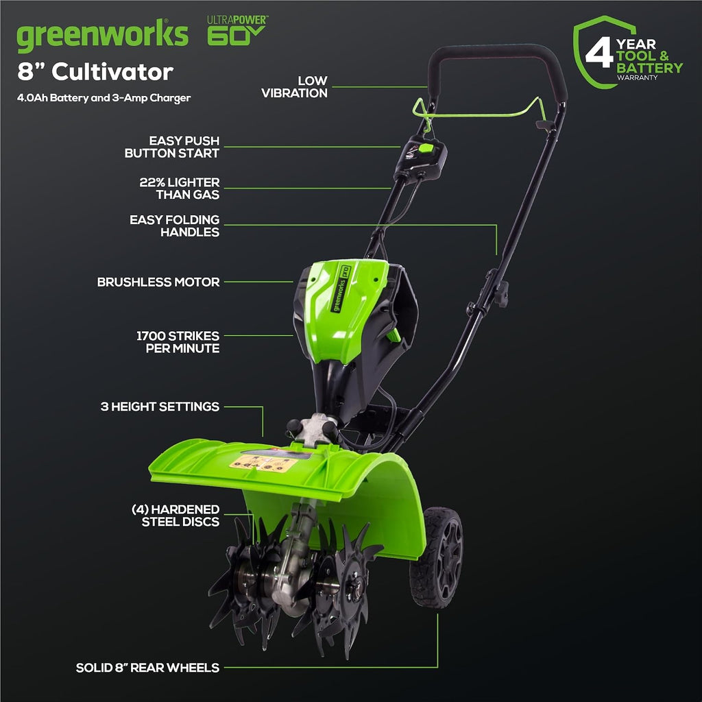 Greenworks 60V 8' Cordless Cultivator/Tiller + 4.0Ah Battery and Charger