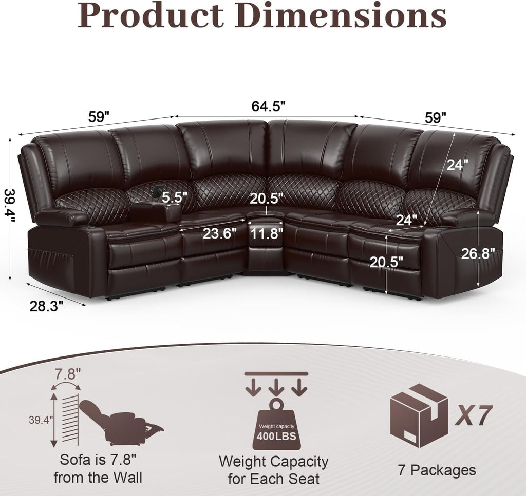 Yolsali Home Theater Seating Reclining Sectional Sofa, 5 Seats Soft Leather Recliner Corner Sectional Couch, Recliner Couch with USB Charging, Thickened Padding, Sturdy Frame, Brown