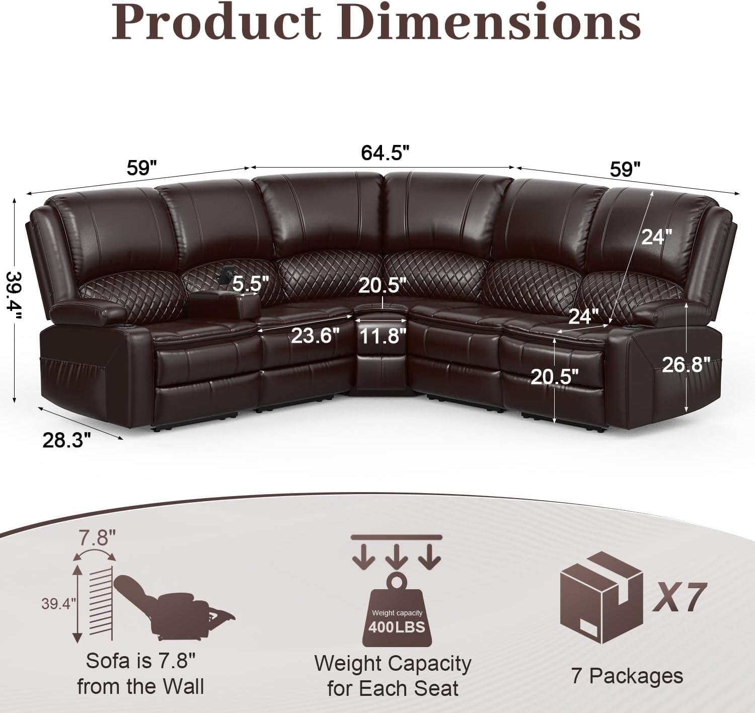 Yolsali Home Theater Seating Reclining Sectional Sofa, 5 Seats Soft Leather Recliner Corner Sectional Couch, Recliner Couch with USB Charging, Thickened Padding, Sturdy Frame, Brown