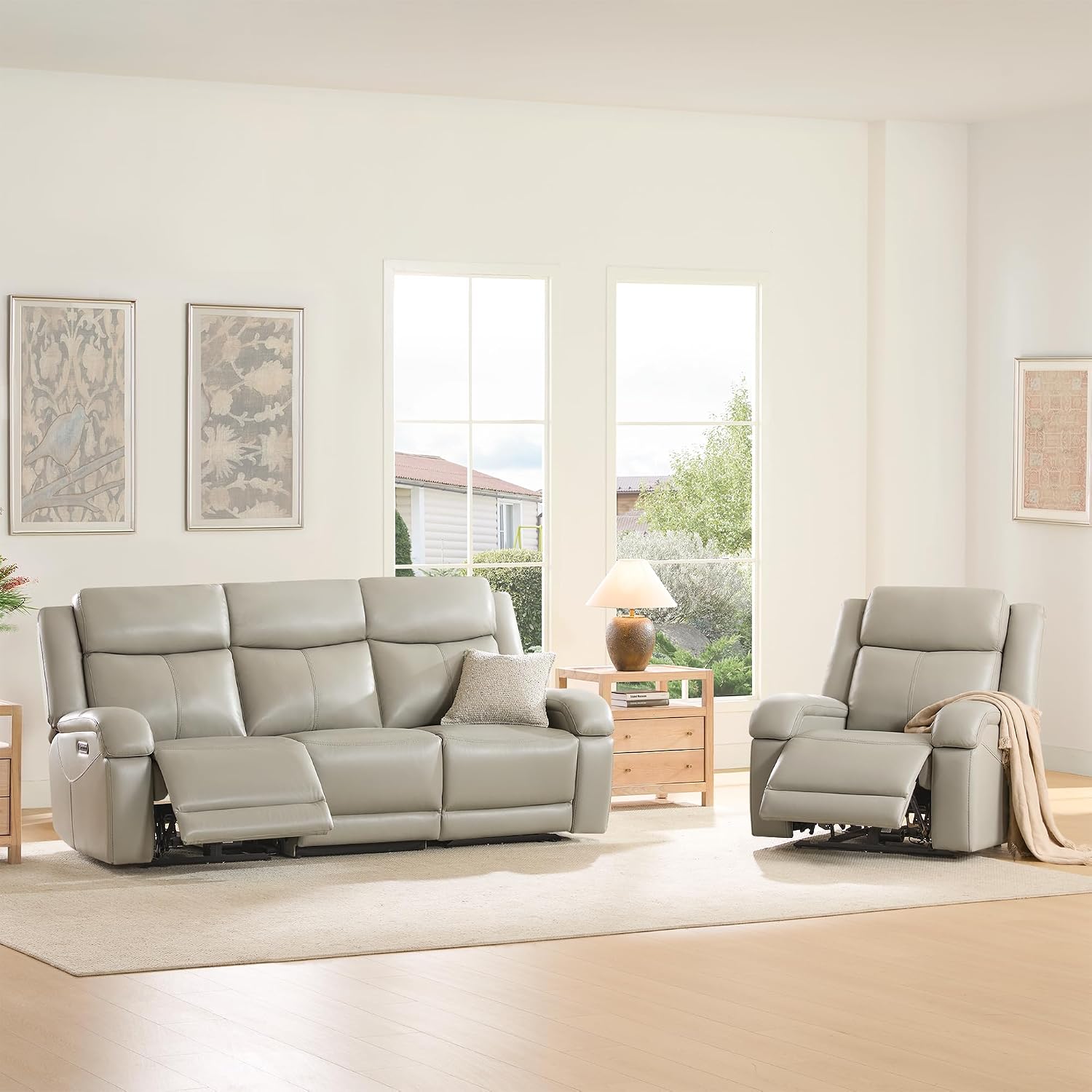 Watson & Whitely Genuine Leather Power Recliner Sofa, 3 Seater Wall Hugger Reclining Sofas with Power Headrest, USB & TypeC Ports, Electric Recliner Couch Set for Living Room, Grey