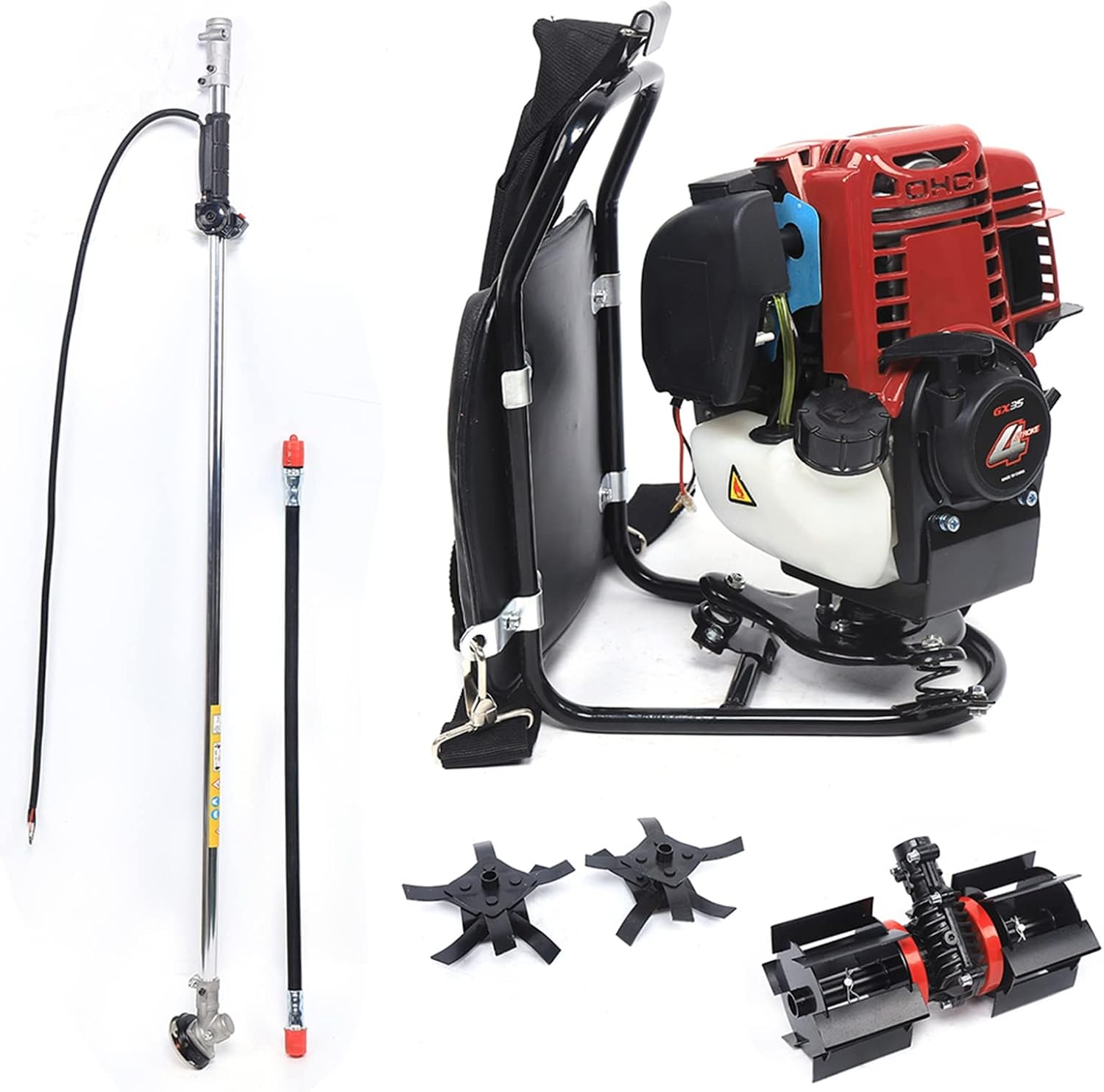 Lawn Mower, 3-in-1 4 Stroke Gasoline Backpack Tiller Grass Weeding Trimmer, 1.4HP Air-Cooled Engine Brush Cutter Hedge Cultivator,Portable Multi-Purpose Graden Lawn Mower for Farmland Clearing
