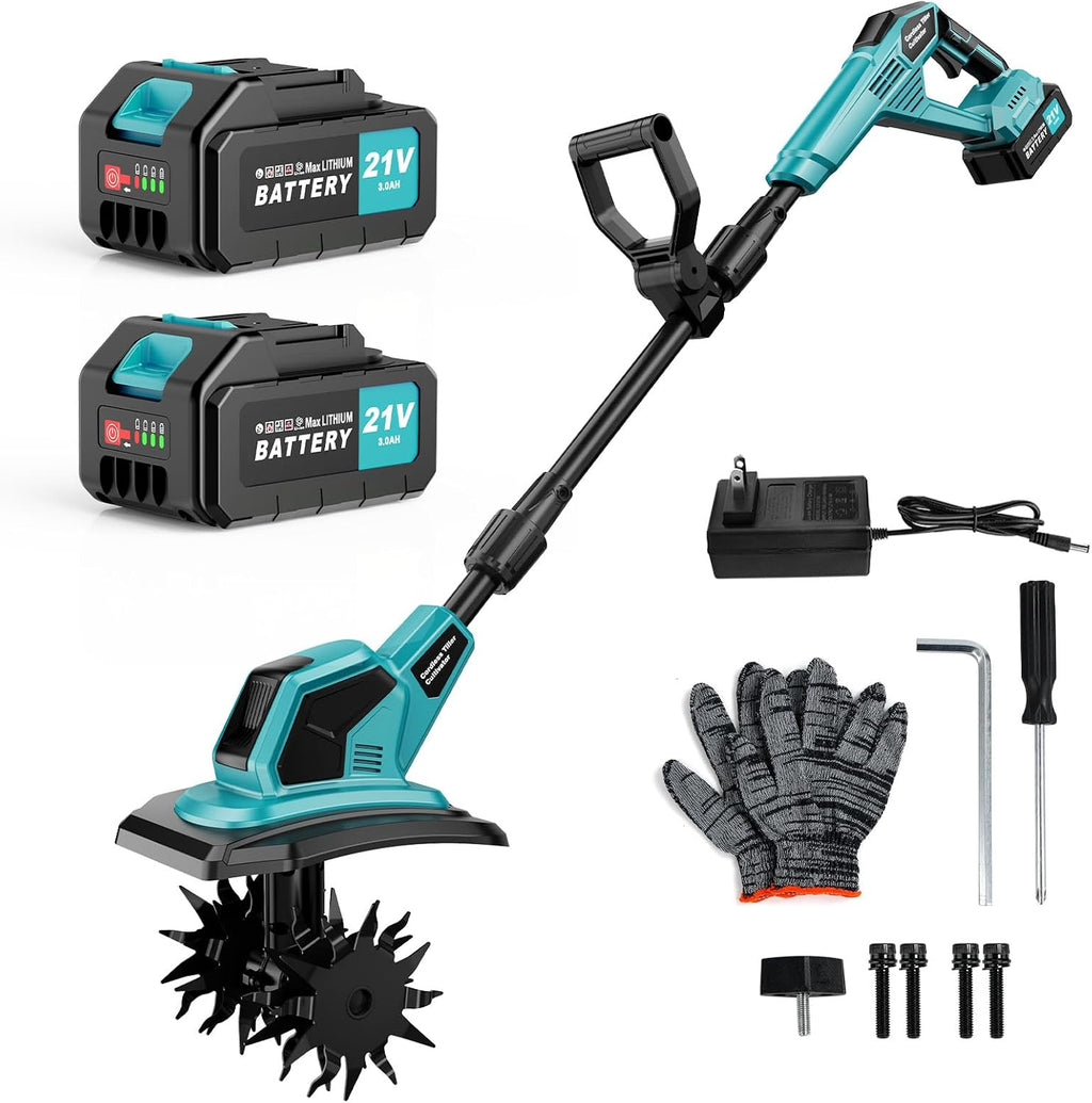 Cordless Tiller Cultivator, 360RPM Electric Garden Tiller, with 2 x 3.0Ah Batteries & Charger, 9In Tilling Width and 6.6In Depth Garden Rototiller for Lawn/Gardening/Soil Cultivation
