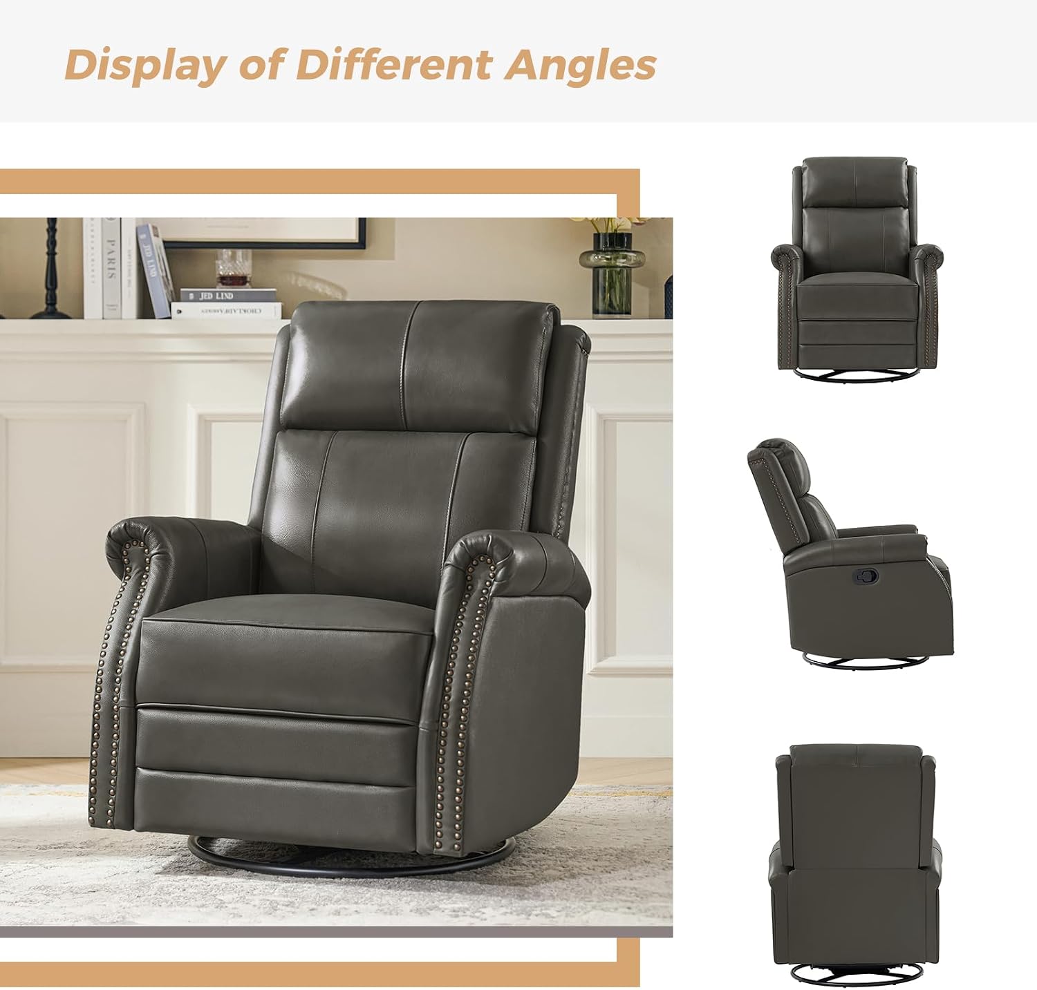 HULALA HOME Genuine Leather Swivel Rocker Recliner with Adjustable Backrest & Footrest, Manual Glider Recliner Chair with 360°Swivel Base, Home Theater Sofa Armchair for Living Room Bedroom, Grey