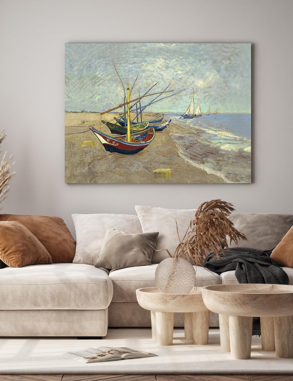 DECORARTS - Vincent Van Gogh Fishing Boats on the Beach Large Giclee Canvas Art Print, Gallery Wrapped Wall Art for Living Room Decor 40x30, Made in USA