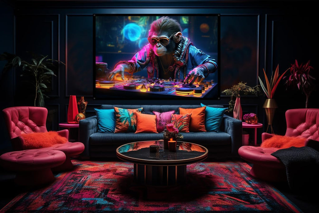 Cyberpunk Monkey DJ, UV tapestry, Blacklight Reactive Wall Hanging, Neon Backdrop, Party Decor, Psychedelic Tapestry, Visionary Wall Art (Large)