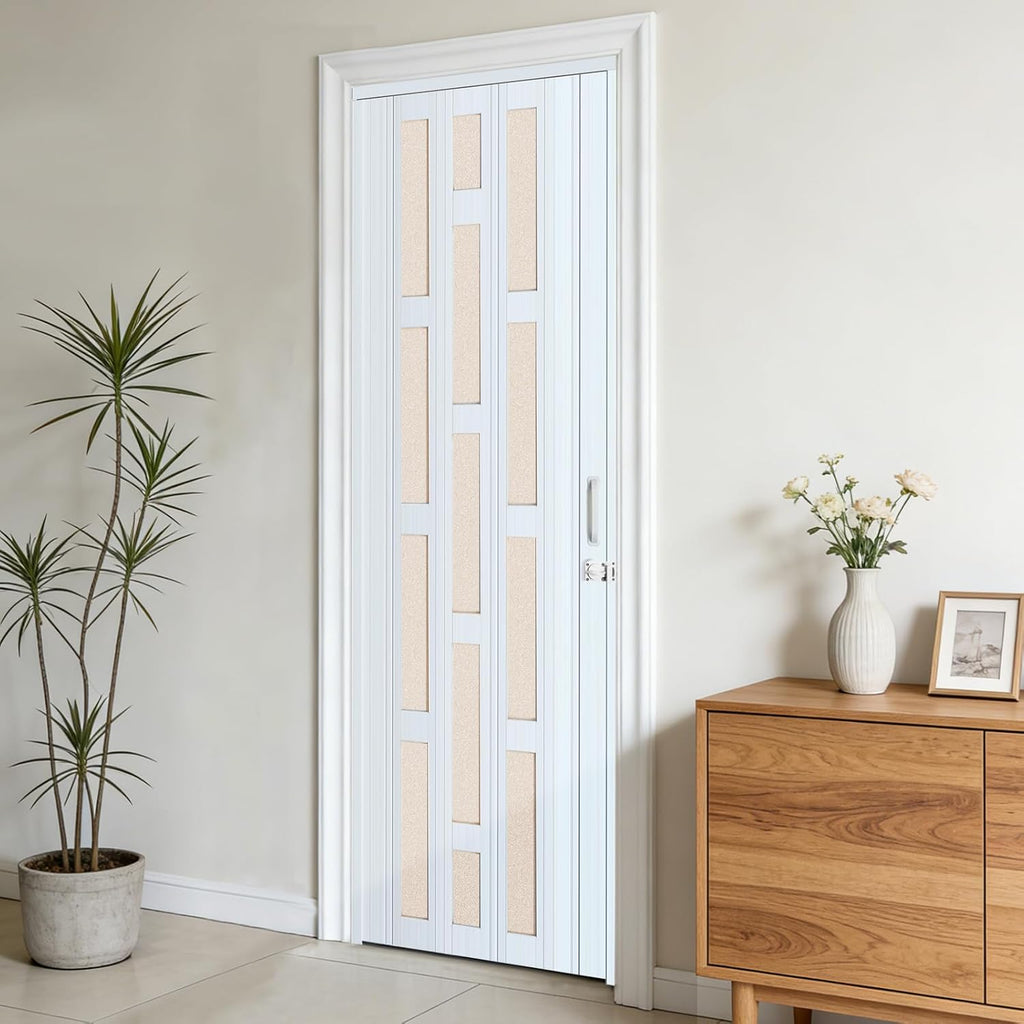 DIYHD 32X96in Glass Accordion Door with Latch&Handle, Double-Layer Thickened PVC Folding Interior Door with Frosted Acrylic - Blocks Views, Lets Light In, Easy Install for Closet, Utility&Room Divider