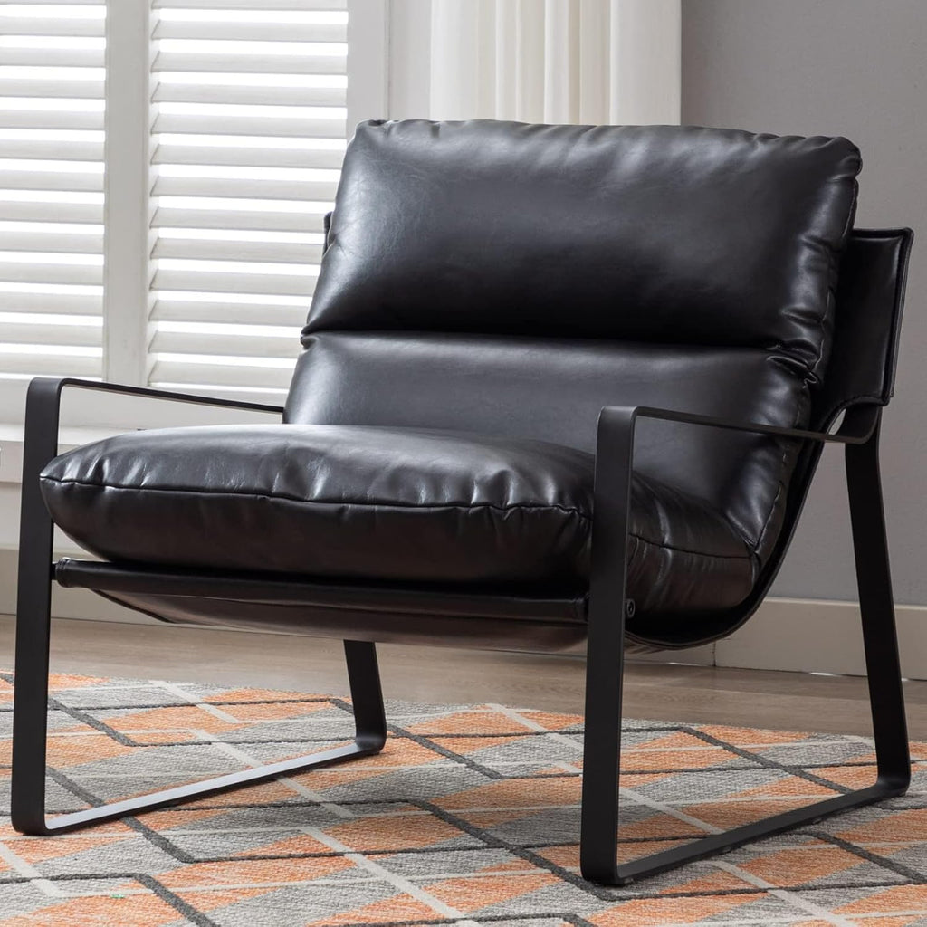 Ya-Home Mid-Century Accent Chair, Comfy PU Leather Side Chair with Armrest, Upholstered Leisure Chair with Black Metal Frame for Living Room Bedroom Reception Room, Black