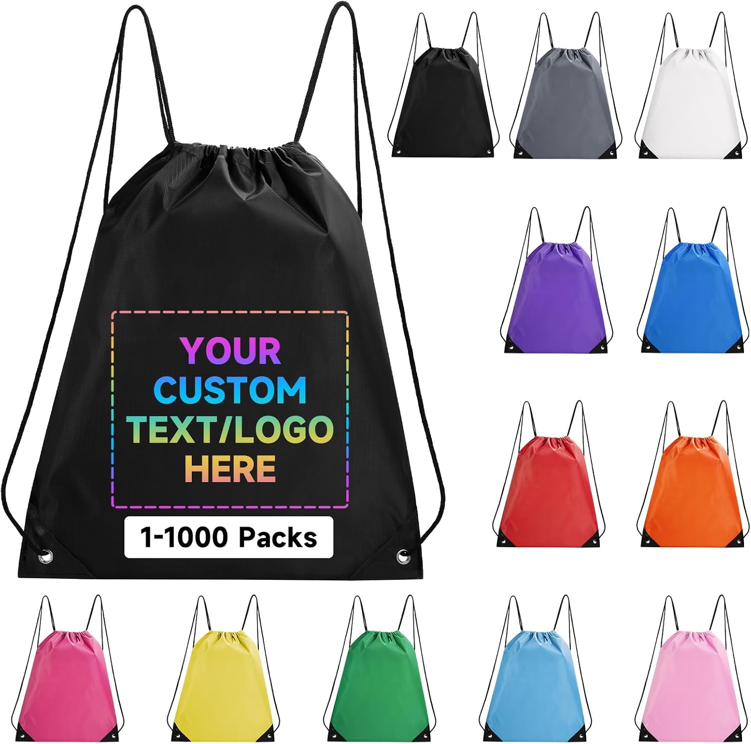 Custom Drawstring Backpacks With Your Logo, 1000 Pack Personalized Text Drawstring Bags String Bag Bulk, Great for Travelling, Gym and for Everyday Use (Black)