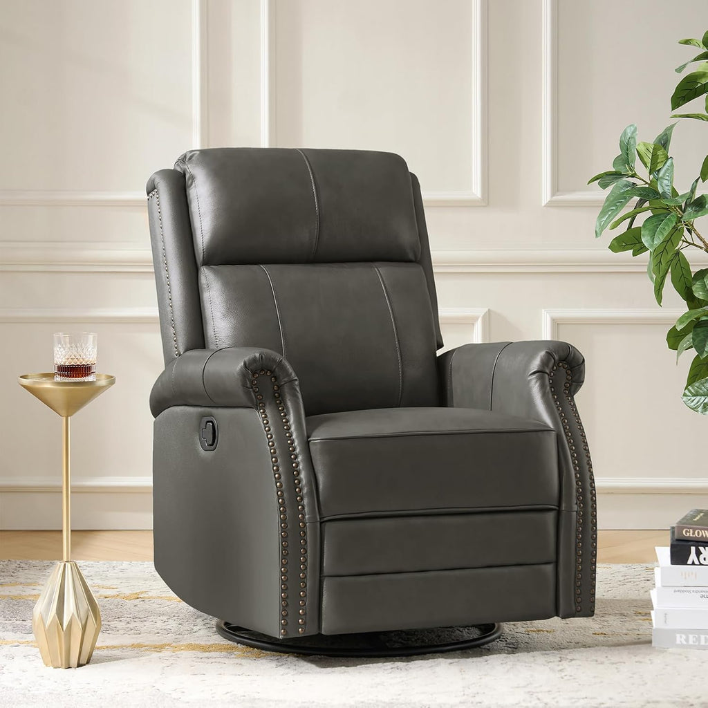 HULALA HOME Genuine Leather Swivel Rocker Recliner with Adjustable Backrest & Footrest, Manual Glider Recliner Chair with 360°Swivel Base, Home Theater Sofa Armchair for Living Room Bedroom, Grey