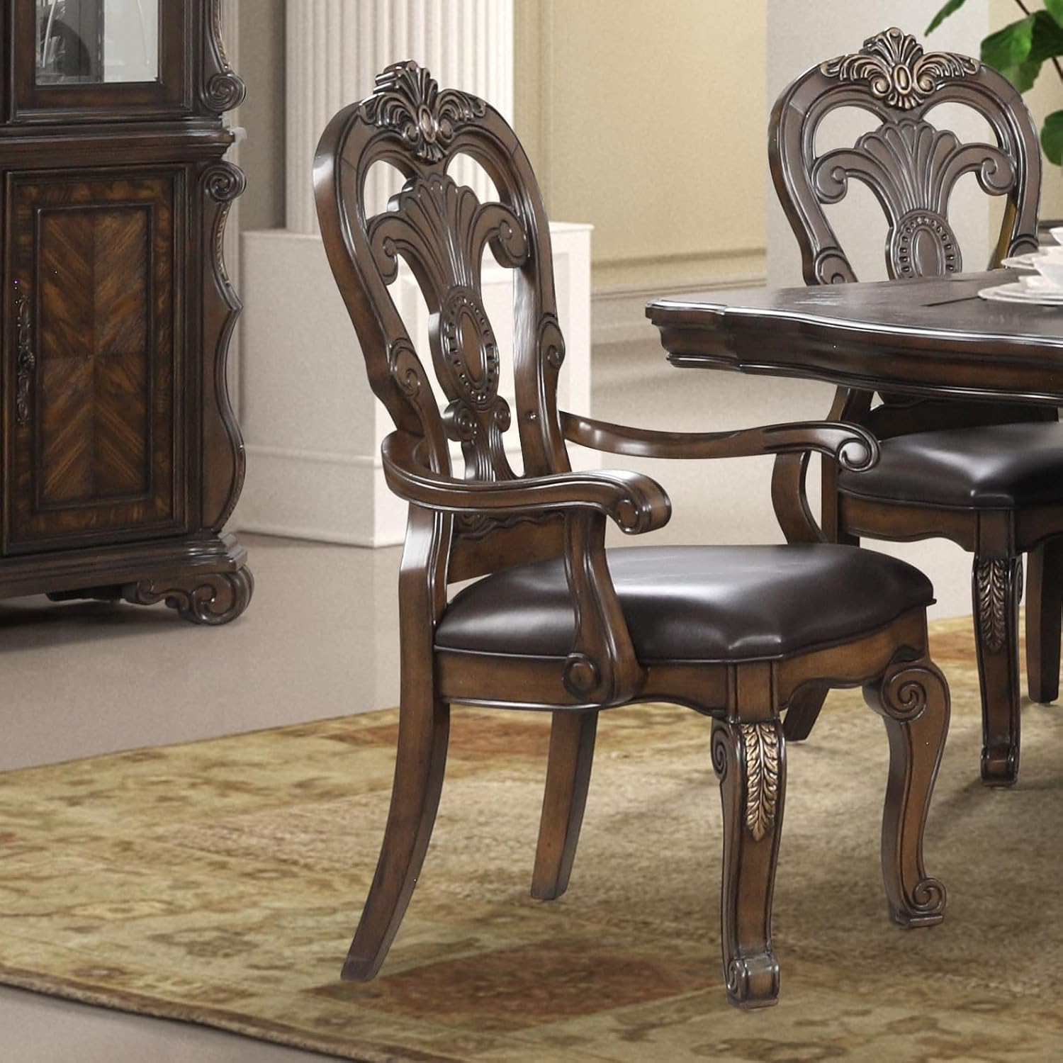 Furniture of America Anatole Traditional Arm Chairs Set of 2, Comfortable Upholstered Seating with Ornate Corbels, Gold Tip Crown Molding and Backrest for Dining Room and Living Room, Dark Brown