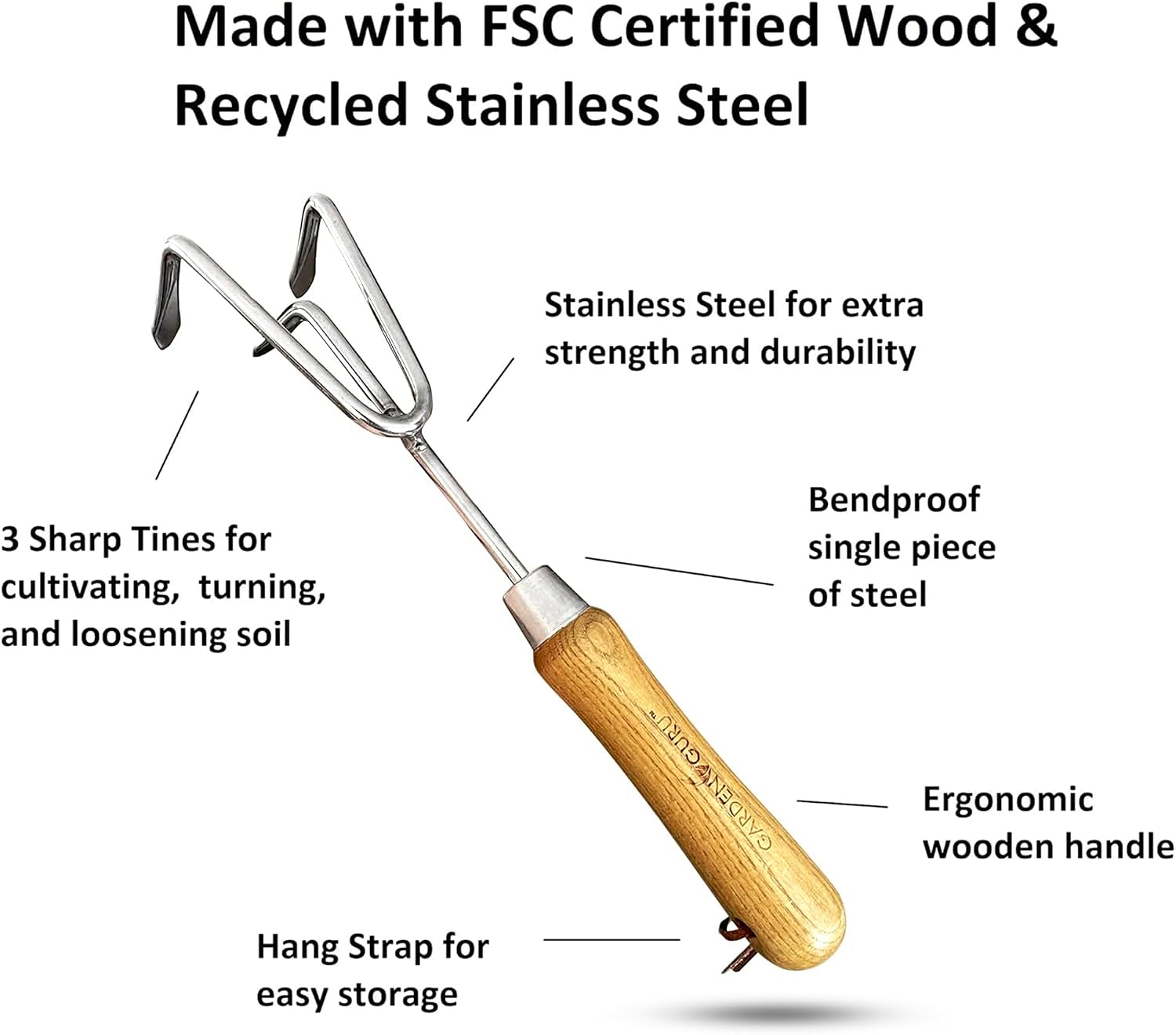 Garden Guru Eco Hand Cultivator Rake Tiller Tool- 100% Recycled Stainless Steel - Rust Resistant - FSC Certified Wood Ergonomic Handle - Great for Gardening Cultivating Weeding - 1 Case (40 Pcs)