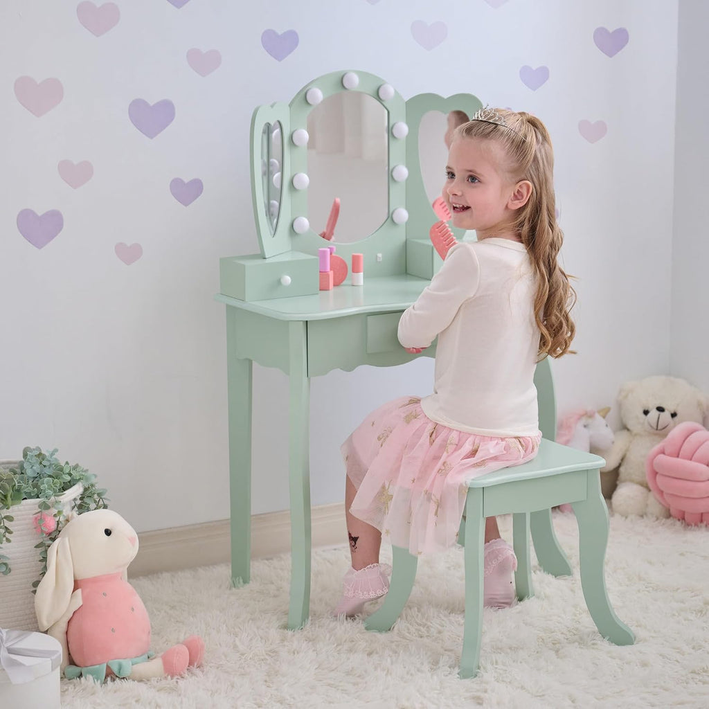 Teamson Kids Heart Glow Makeup Kids Vanity Set with Heart Shape LED Light-Up Mirror, Matching Stool and Storage Drawers, Pretend Makeup Play Table for Toddlers and Girls 3+ Years Old, Sage Green