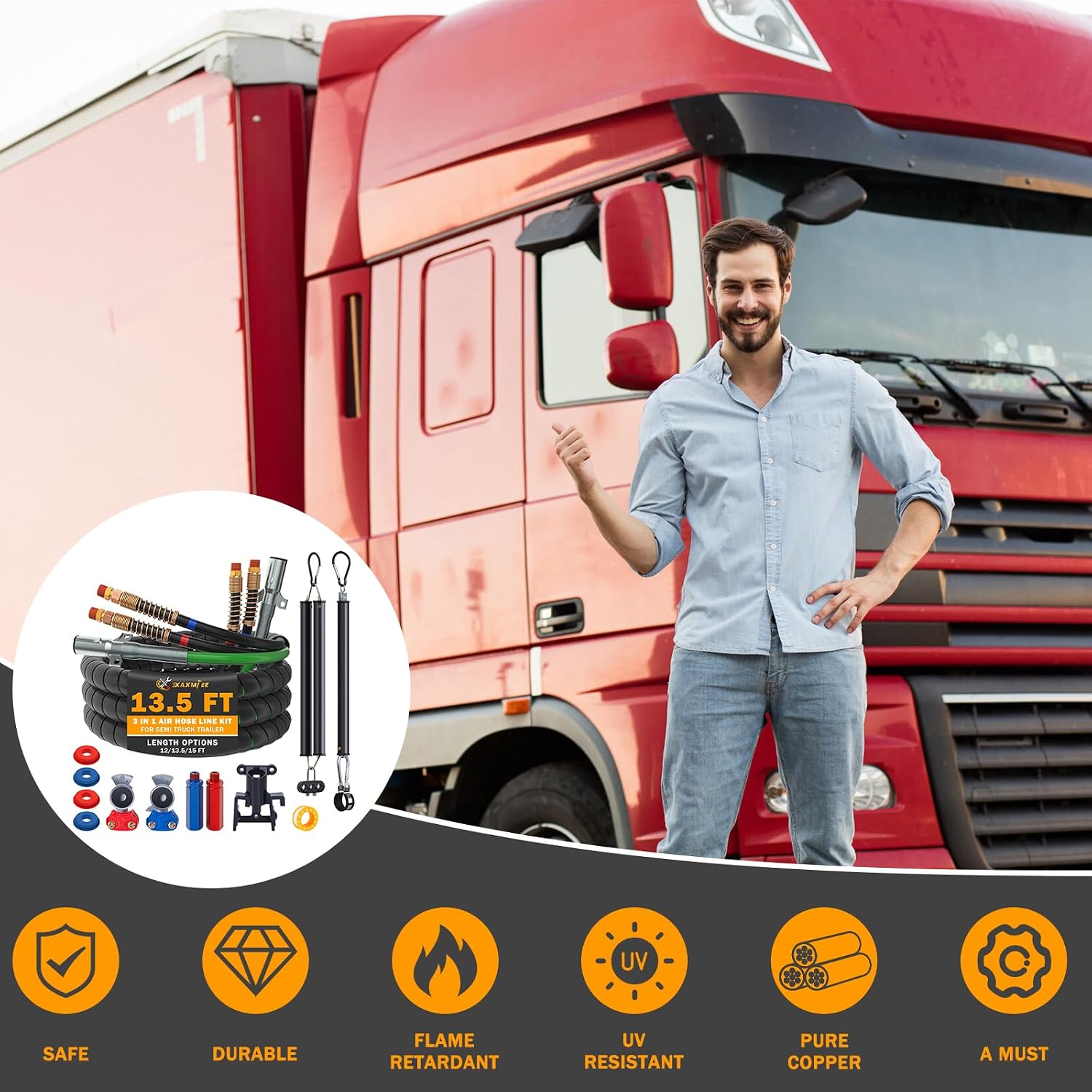 13.5 FT Semi Truck Air Lines Kit with 2 Pcs Tender Spring Kit and Glad Hands with Gladhand Holder & Handles 3IN1 Trailer Cord and Air Hoses Kit for Truck Trailer Tractor