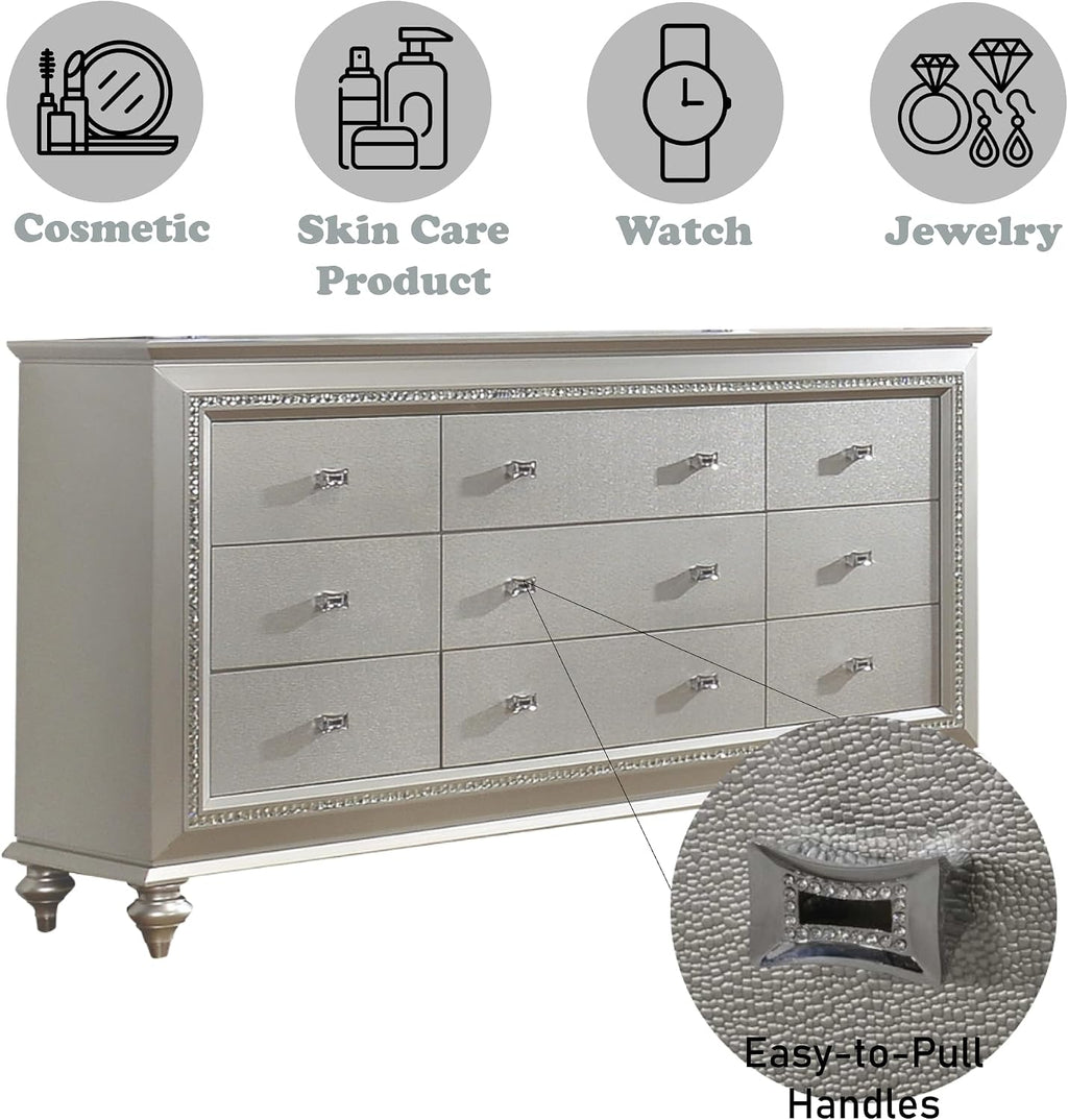 Acme Kaitlyn Rectangular Wood 9-Drawer Dresser with in Champagne White
