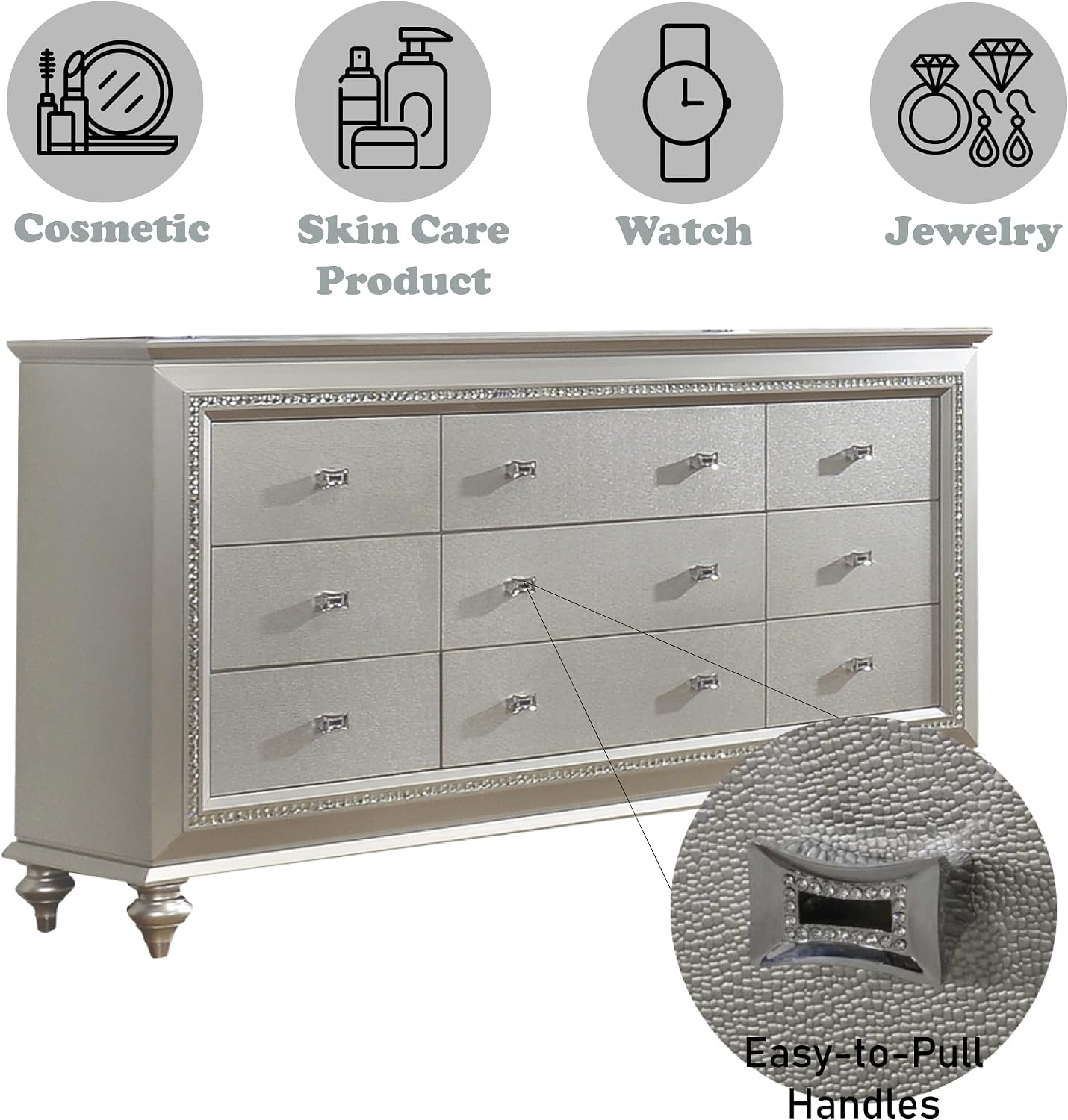 Acme Kaitlyn Rectangular Wood 9-Drawer Dresser with in Champagne White