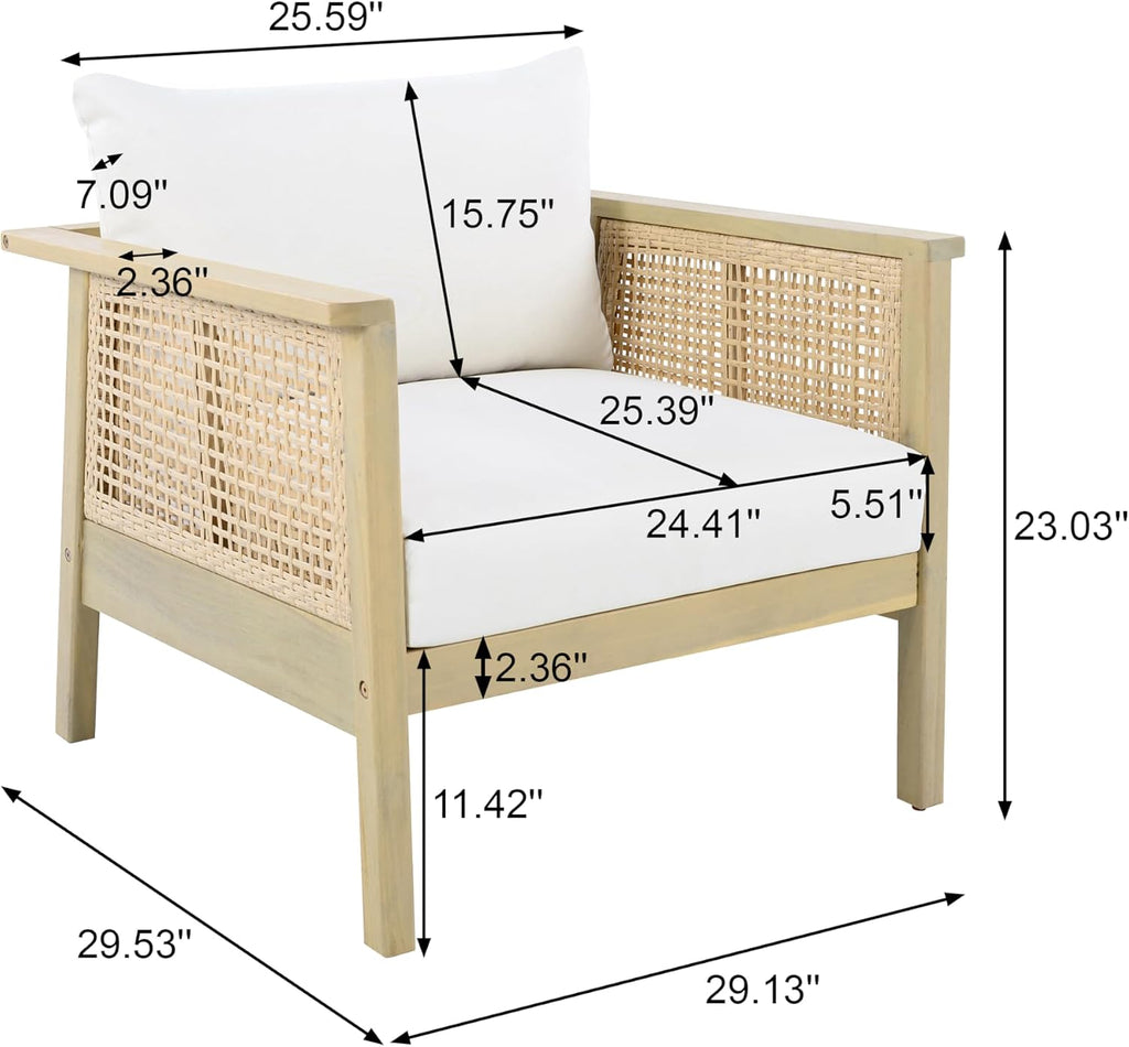 Christopher Knight Home Teras Acacia Wood Lounge Chair Outdoor Set of 2 with Removable Cushion, Solid Wood Patio Accent Chair with PE Wicker Accents, Patio Furniture Set Sofa Chair, Light Teak+Cream