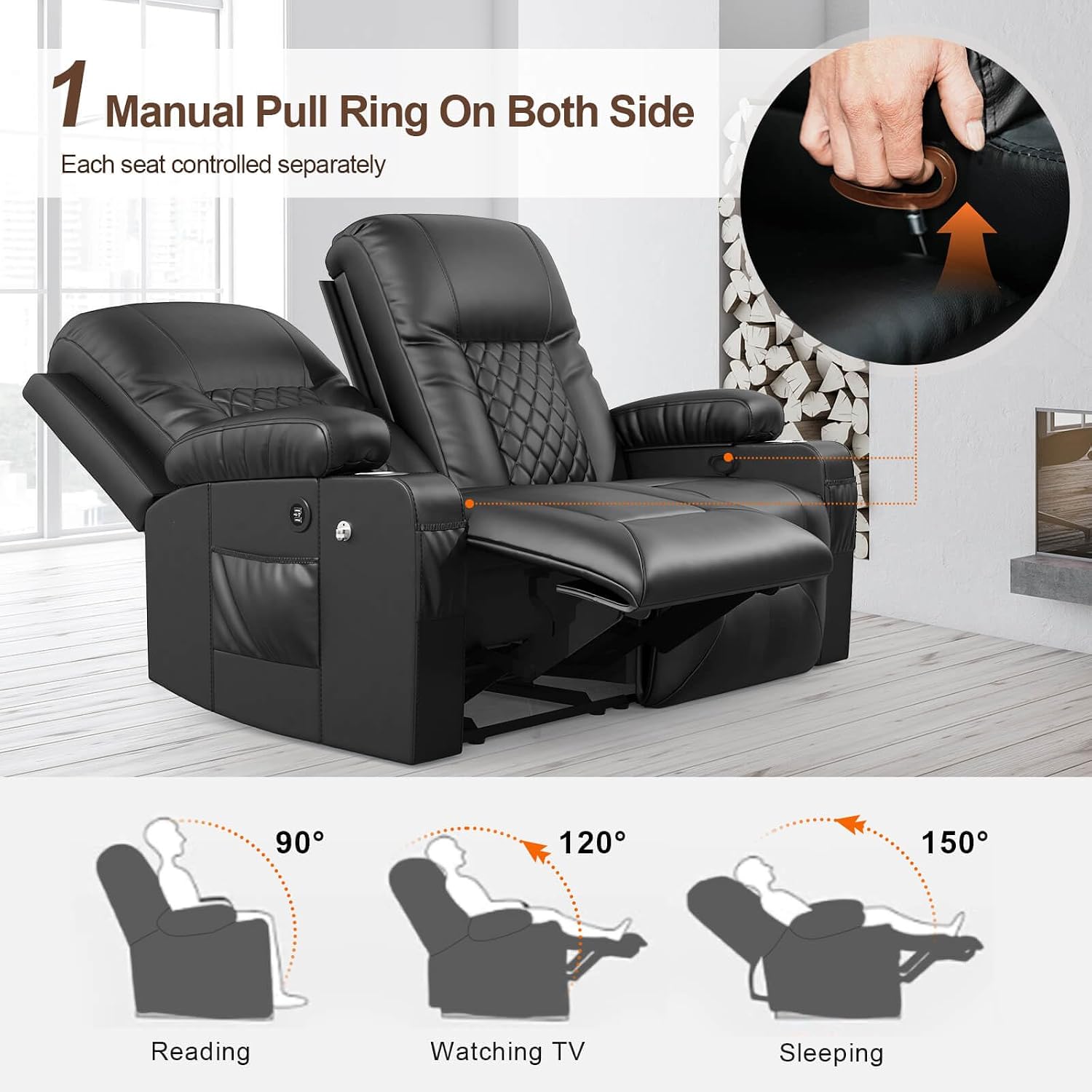 FURNIMAT Loveseat Recliner Sofa, 2 Seater Reclining Loveseat sofa, PU Leather RV Loveseat Couch, FSC Certified Recliner Chair for Living Room, with Cup Holder and 2 Cell Phone Holder, USB Ports, Black