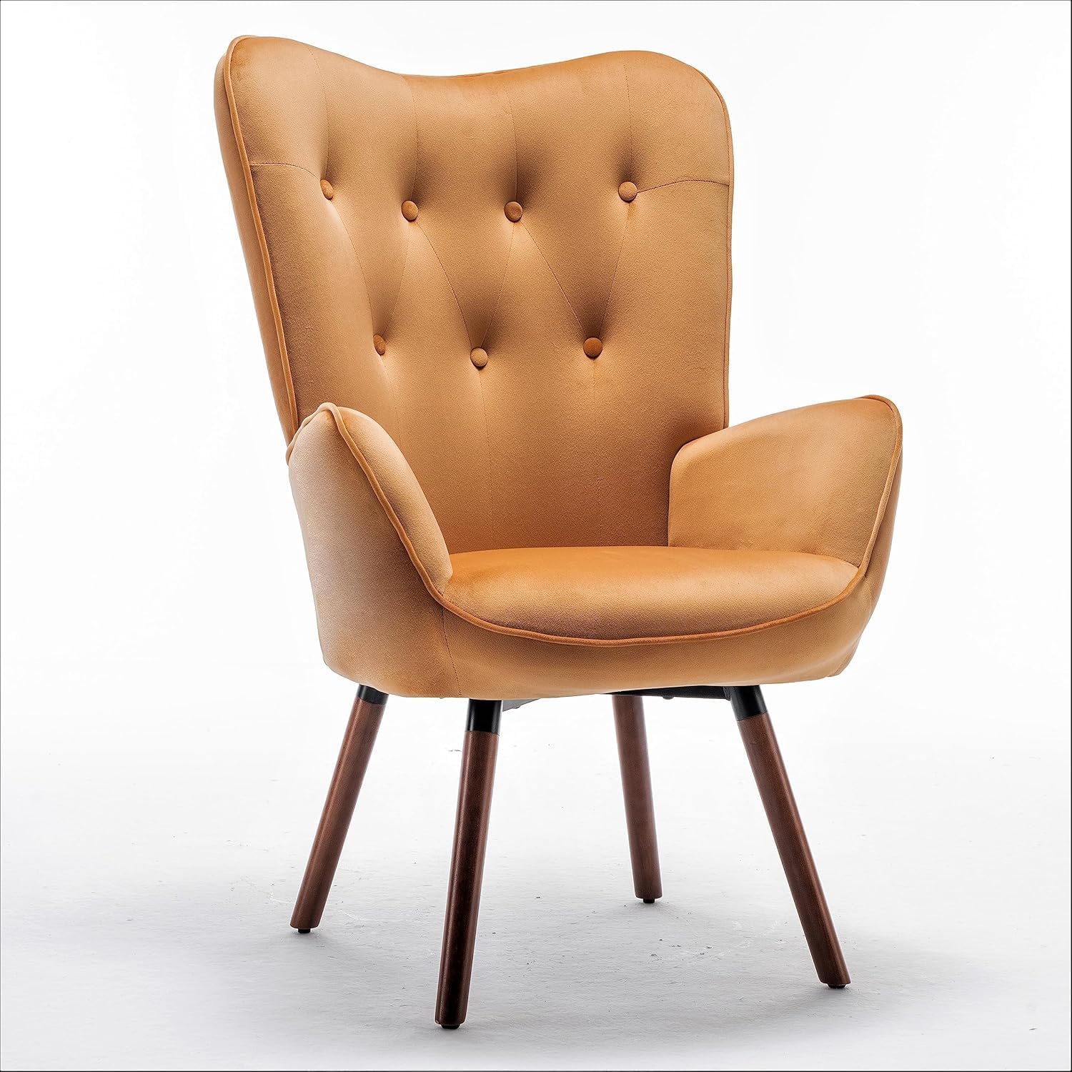 Container Furniture Direct Chic Accent Arm Chairs for Living Room, Bedroom, or Home Office, Button-Tufted Midcentury Armchair with Wingback Design and Splayed Legs, Mustard Yellow
