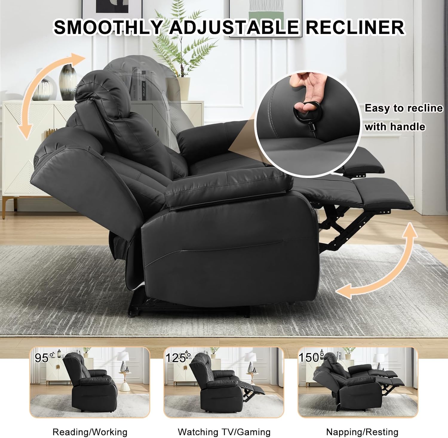 Loveseat Recliner Sofa,3 Seater RV Recliner Couch, Manual Reclining Loveseat with Console for Living Room, Home Theater Seating with AC/USB C/USB and Drawer (Black, 3 Seater)