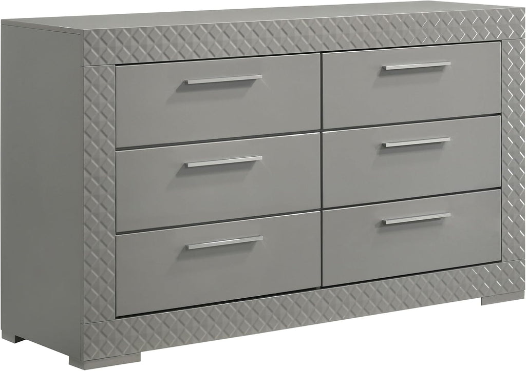 Coaster Home Furnishings - Ives - Wood - 6-Drawer Dresser with Contemporary Style, Tile Emboss, Felt-Lined Top, Metal Handles, Metal Extension Glides - Bedroom - Grey High Gloss - 224973