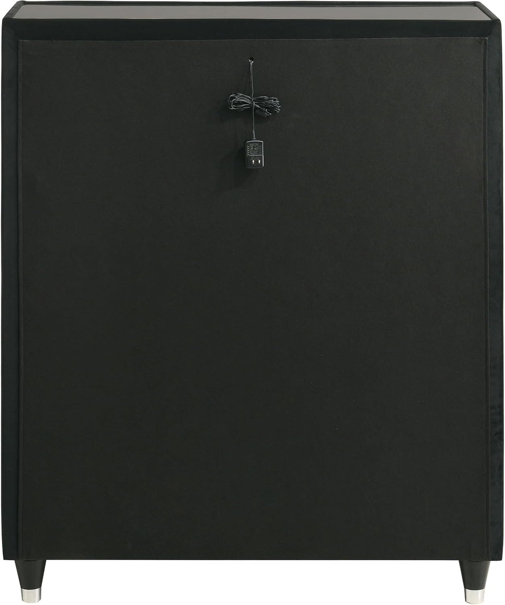 Coaster Home Furnishings - Lorient - Wood and Velvet - 5-Drawer Chest with Built-in LED Lighting, Crystal Knobs and English Dovetail Joinery - Bedroom - Black - 223165
