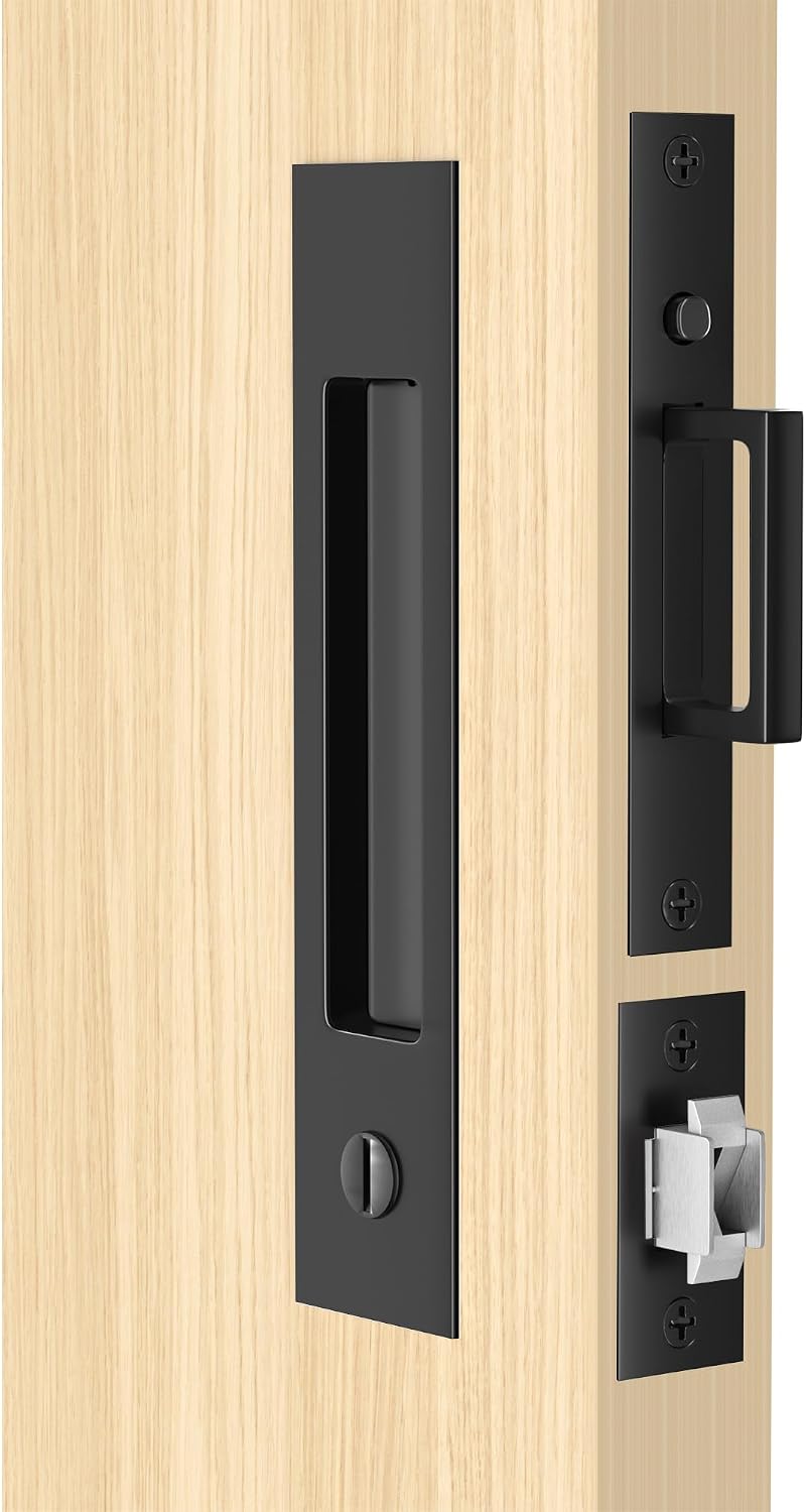 Dontay Pocket Door Handle and Edge Pull, Narrow Modern Rectangular Keyed Entry Function, Recessed Sliding Door Hardware for 1 3/8' to 2 3/16' Thickness Door (Privacy Lock, Matte Black, 2 Pack)