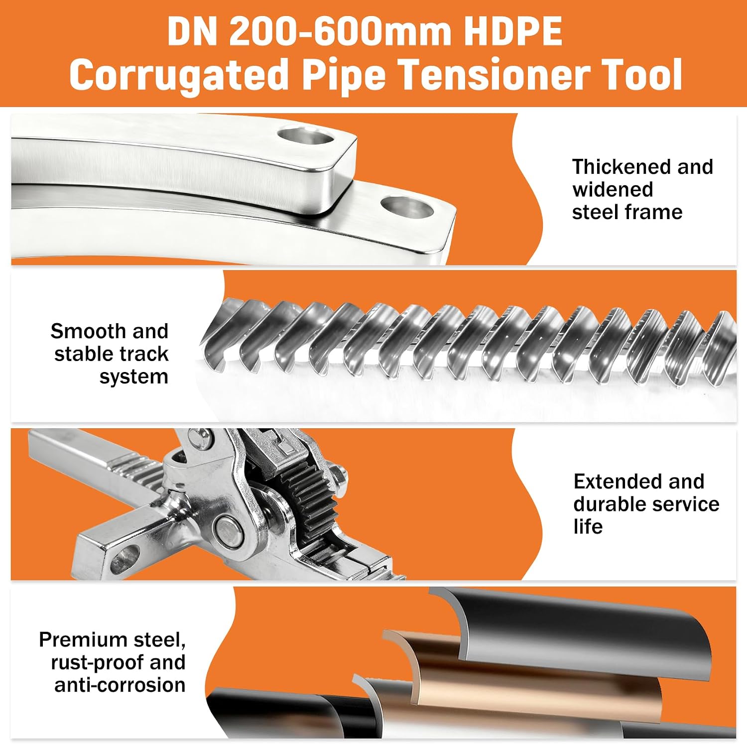 200–600mm HDPE Corrugated Pipe Tensioner Tool, Heavy Duty Manual Docking Pipeline Installation Tool, Universal HDPE Pipe Clamp for Drainage, Sewer & Construction Projects