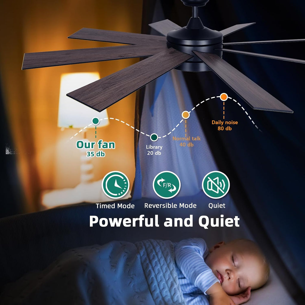 YITAHOME 60 Inch Black Ceiling Fan with Lights and Remote,8 Blades,App Control, Modern Smart Ceiling Fan Compatible with Alexa for Indoor, Reversible Quiet Motor, Memory Function